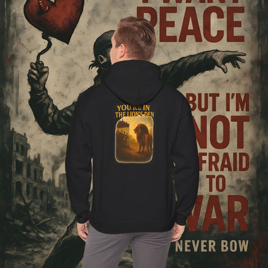 Never Bow Co “You’re in the Lion’s Den” Hoodie | Step into the Lion’s Den — where truth hunts lies. This hoodie isn’t fashion, it’s armour for rebels, warriors, and seekers who fight with courage, fire, and defiance.