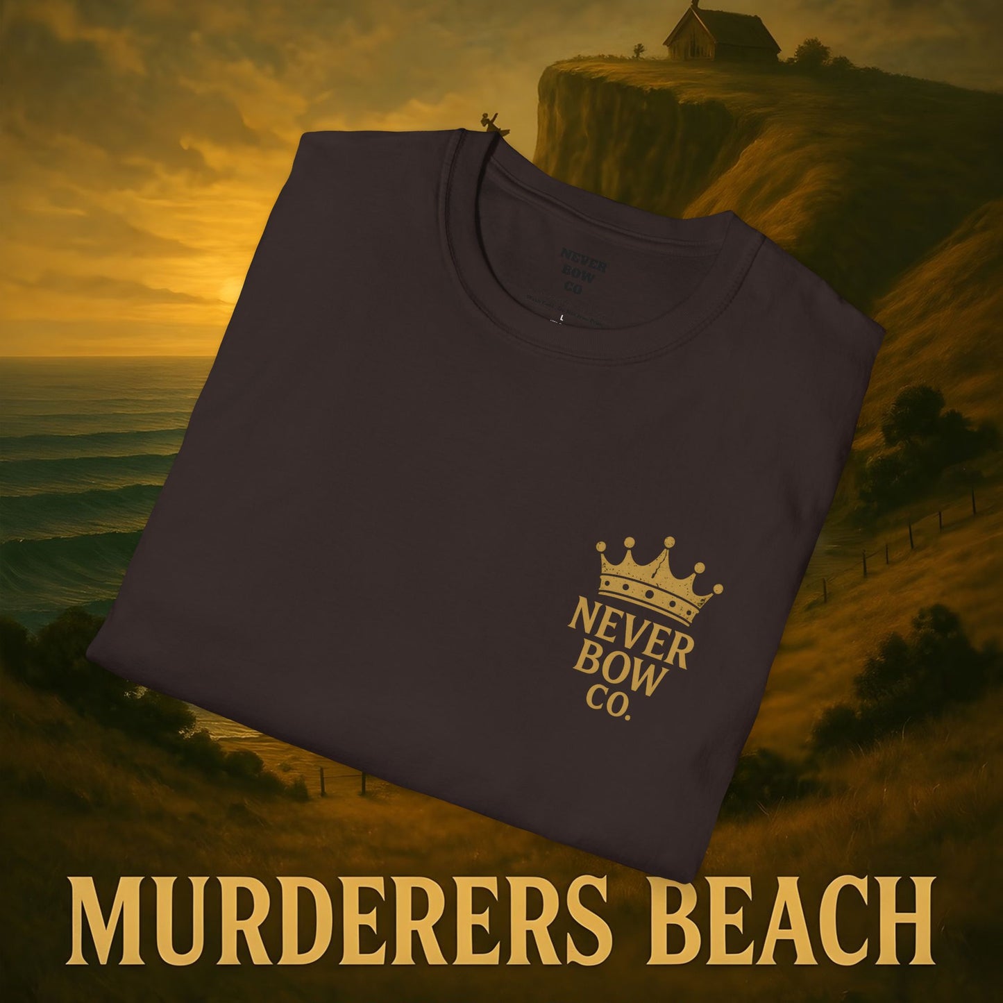 Never Bow Co. “Murderers Beach” Graphic Tee | Lightweight cotton tee honouring Murderers Beach — a symbol of defiance and spirit. Built for rebels and seekers of truth, it carries NZ legend in every thread.
