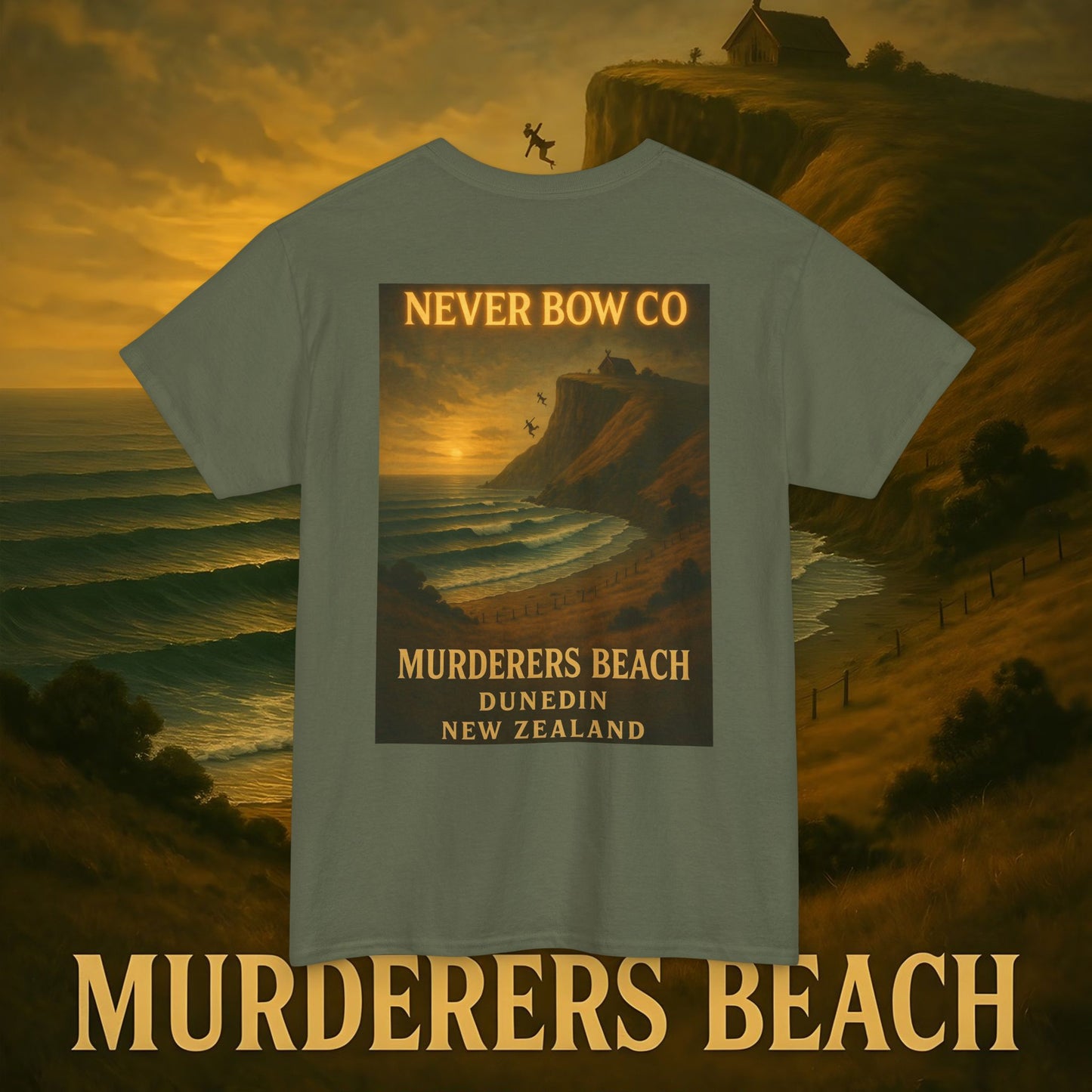 (Heavy Tee) Never Bow Co. “Murderers Beach” | Tribute to New Zealand’s Murderers Beach — a place of history, spirit, and defiance. Heavy cotton tee built for rebels, truth seekers, and ocean warriors. Wear the legend. Never Bow.