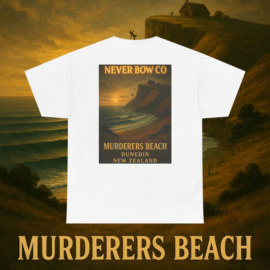 (Heavy Tee) Never Bow Co. “Murderers Beach” | Tribute to New Zealand’s Murderers Beach — a place of history, spirit, and defiance. Heavy cotton tee built for rebels, truth seekers, and ocean warriors. Wear the legend. Never Bow.
