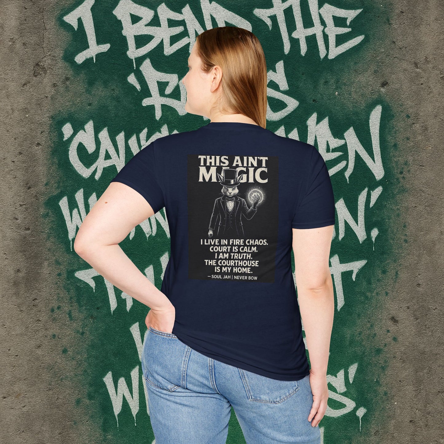 This Ain’t Magic Tee | Never Bow Co | Stand fearless in chaos. “This Ain’t Magic” is more than fabric — it’s truth in motion. Heavy cotton built for courtroom warriors, rebels, and believers who carry calm inside fire.