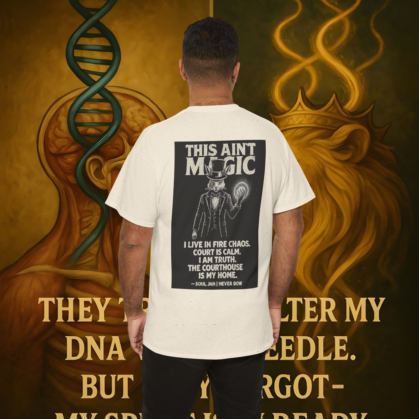 (Heavy Tee) This Ain’t Magic Tee | Chaos is loud. Court is calm. “This Ain’t Magic” lays it bare: truth stands taller than illusions. Heavy cotton built for warriors who carry fire inside but never bow.