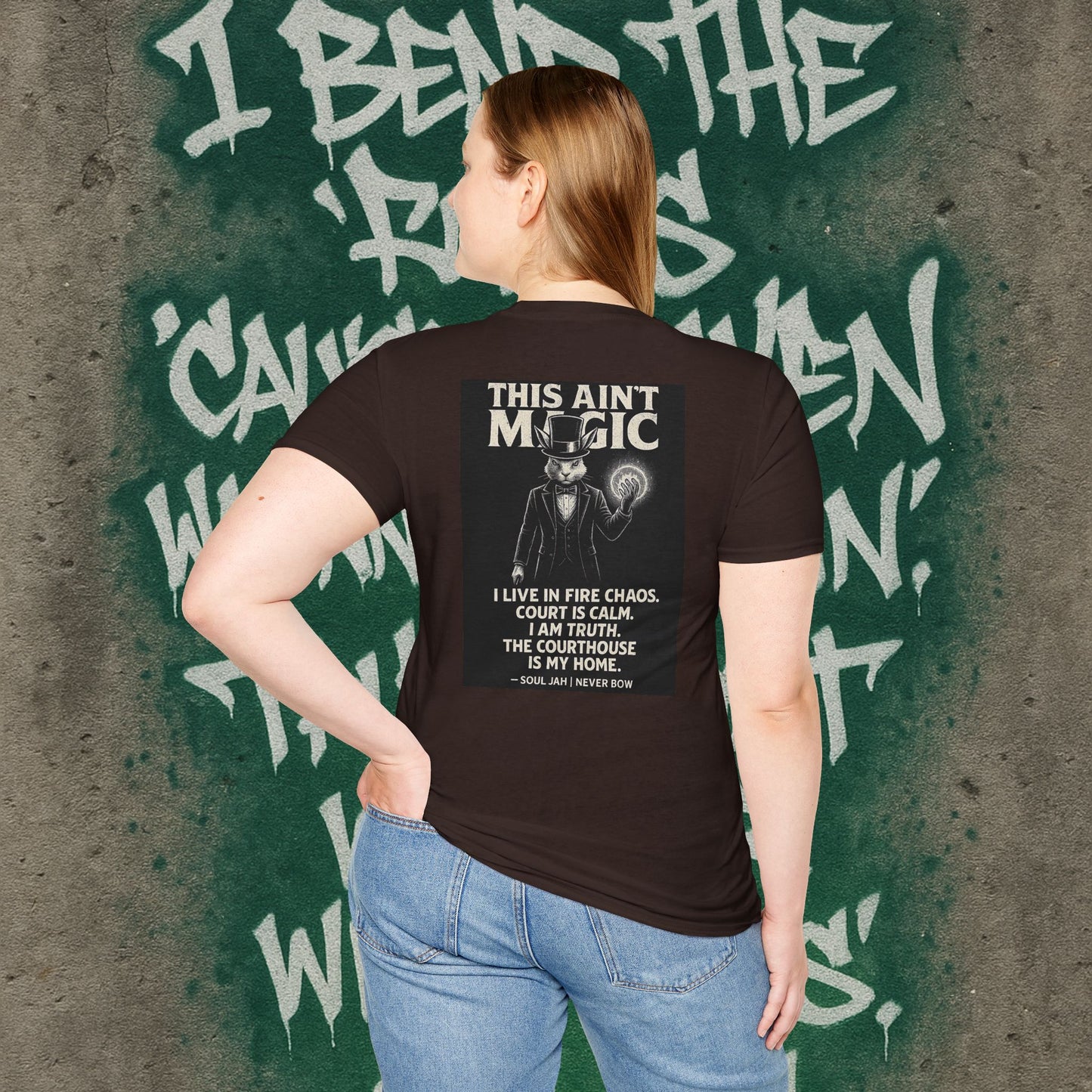 This Ain’t Magic Tee | Never Bow Co | Stand fearless in chaos. “This Ain’t Magic” is more than fabric — it’s truth in motion. Heavy cotton built for courtroom warriors, rebels, and believers who carry calm inside fire.