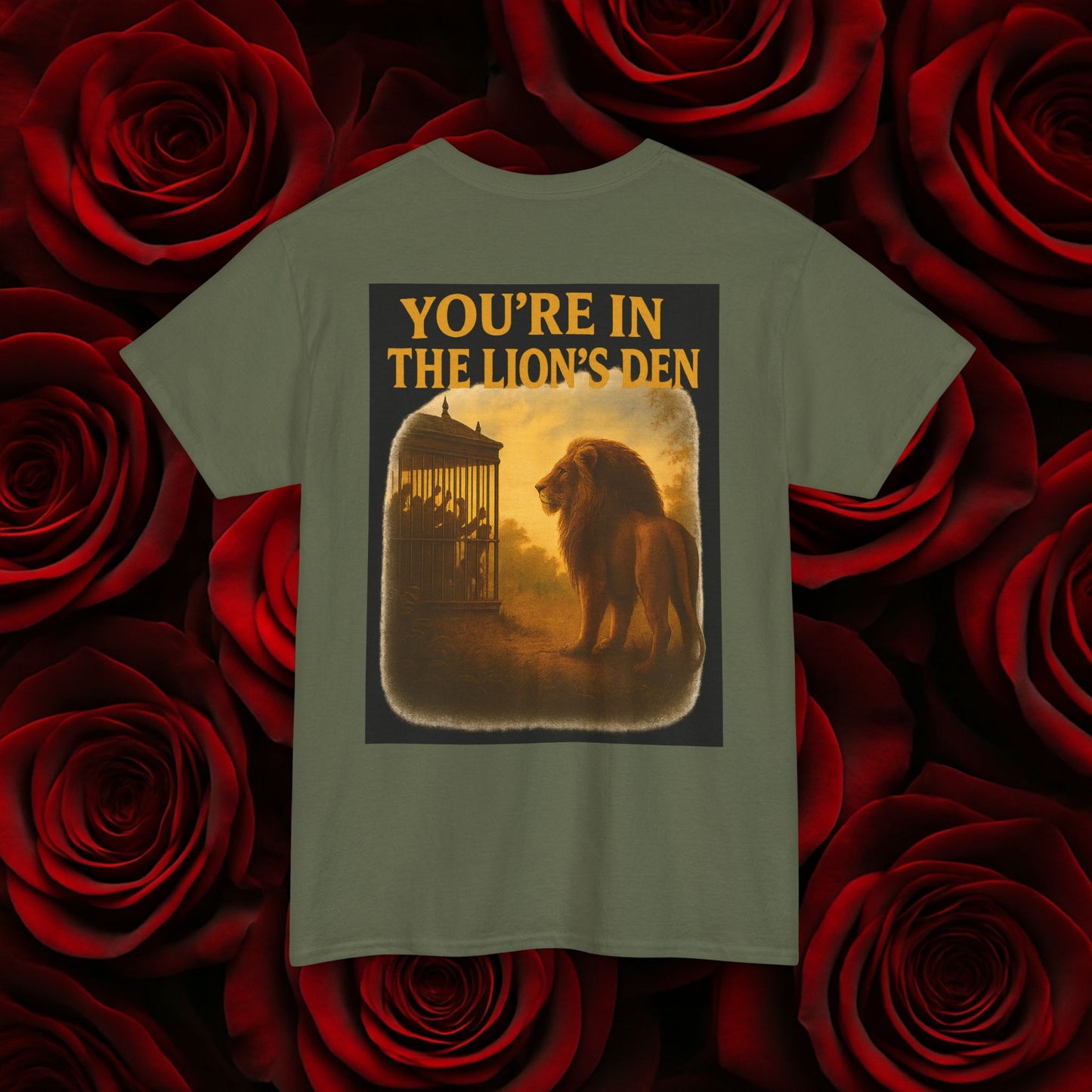 (Heavy Tee) Never Bow Co “You’re in the Lion’s Den” Graphic Streetwear Tee | Step into the Lion’s Den. Fearless statement piece built for warriors who refuse silence. Heavy cotton, bold graphic, courtroom grit. Wear strength, fight truth, and Never Bow.