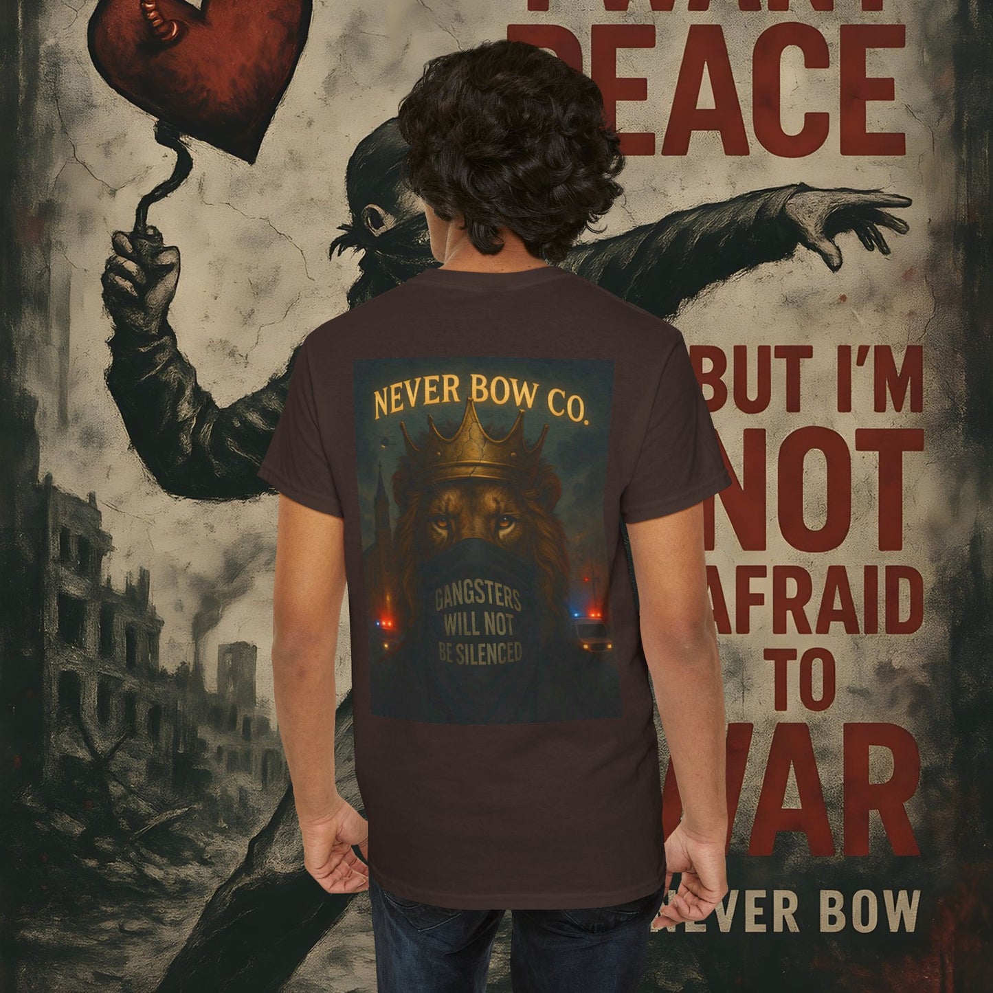 (Heavy Tee) Never Bow Co “Justice Will Be Heard” | Justice has a voice, and it roars from your back. Heavy cotton, bold print — a rebel’s declaration that truth echoes louder than lies. Wear it. Make them listen.