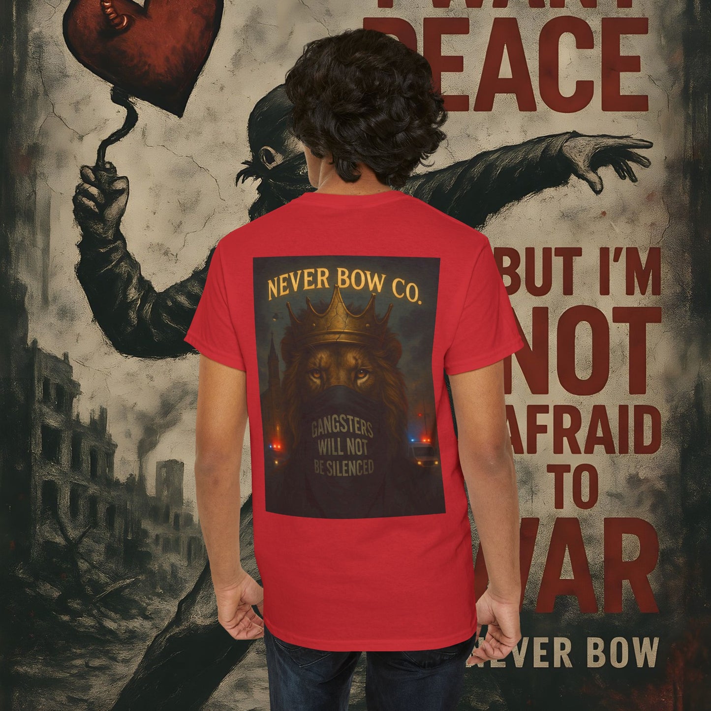 (Heavy Tee) Never Bow Co “Justice Will Be Heard” | Justice has a voice, and it roars from your back. Heavy cotton, bold print — a rebel’s declaration that truth echoes louder than lies. Wear it. Make them listen.