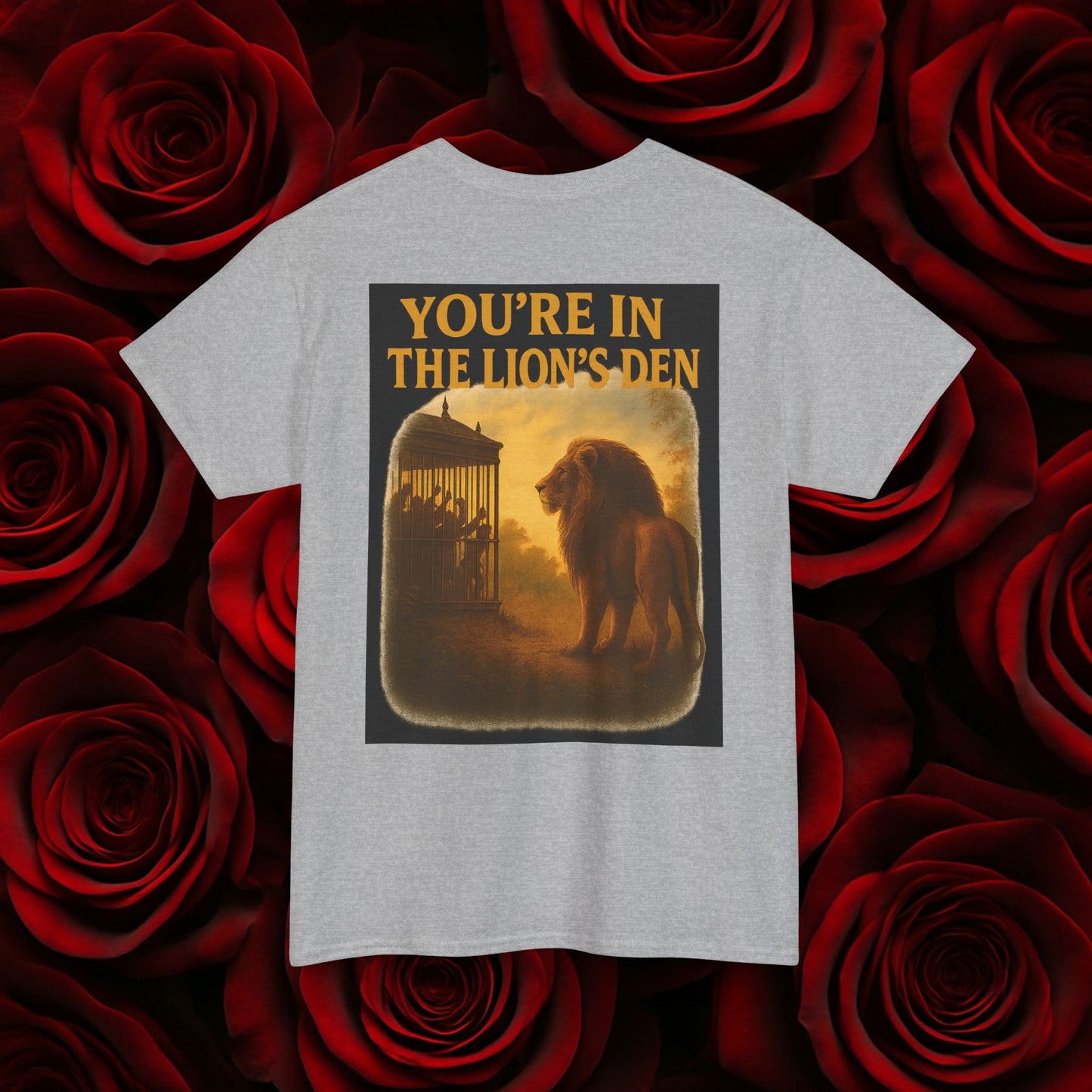 (Heavy Tee) Never Bow Co “You’re in the Lion’s Den” Graphic Streetwear Tee | Step into the Lion’s Den. Fearless statement piece built for warriors who refuse silence. Heavy cotton, bold graphic, courtroom grit. Wear strength, fight truth, and Never Bow.