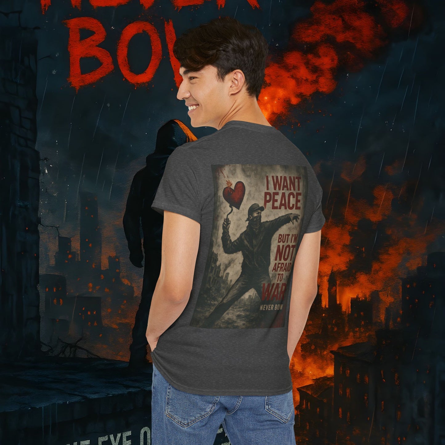 (Heavy Tee) Never Bow Co “I Want Peace, But I’m Not Afraid of War” Peace is the goal, but strength is the stance. This heavy cotton tee makes it clear: you won’t bow, fold, or run. Peaceful, fearless, and unbreakable.