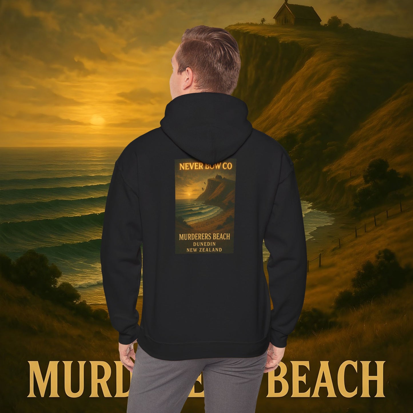 Never Bow Co. “Murderers Beach” | A tribute to Murderers Beach, where spirit outlives time. Heavy hoodie crafted for rebels, adventurers, and truth seekers. Cozy strength, bold art, and ocean legend woven into every stitch. Never Bow.