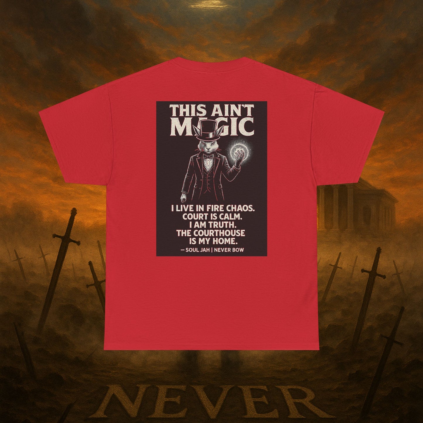 (Heavy Tee) This Ain’t Magic Tee | Chaos is loud. Court is calm. “This Ain’t Magic” lays it bare: truth stands taller than illusions. Heavy cotton built for warriors who carry fire inside but never bow.