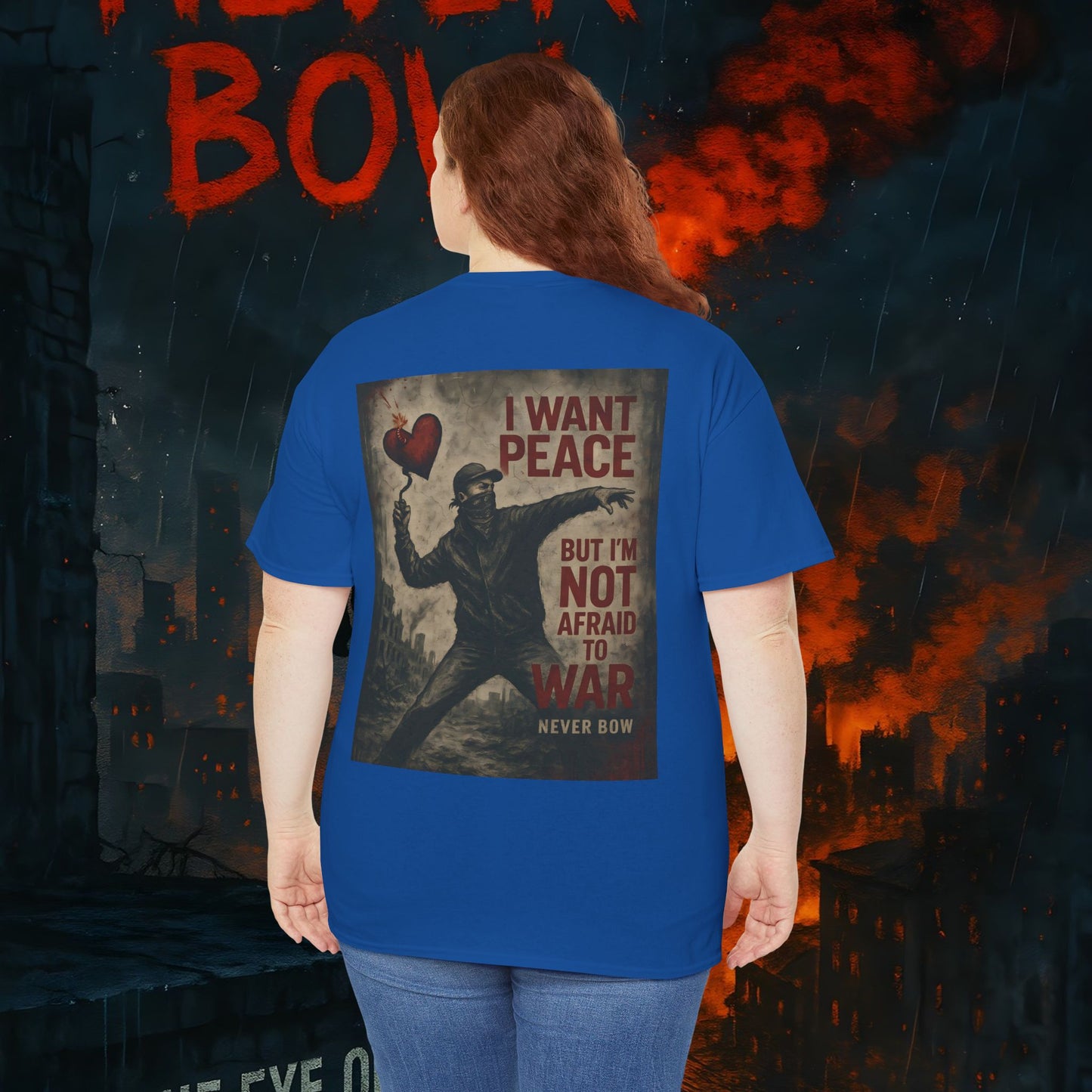 (Heavy Tee) Never Bow Co “I Want Peace, But I’m Not Afraid of War” Peace is the goal, but strength is the stance. This heavy cotton tee makes it clear: you won’t bow, fold, or run. Peaceful, fearless, and unbreakable.