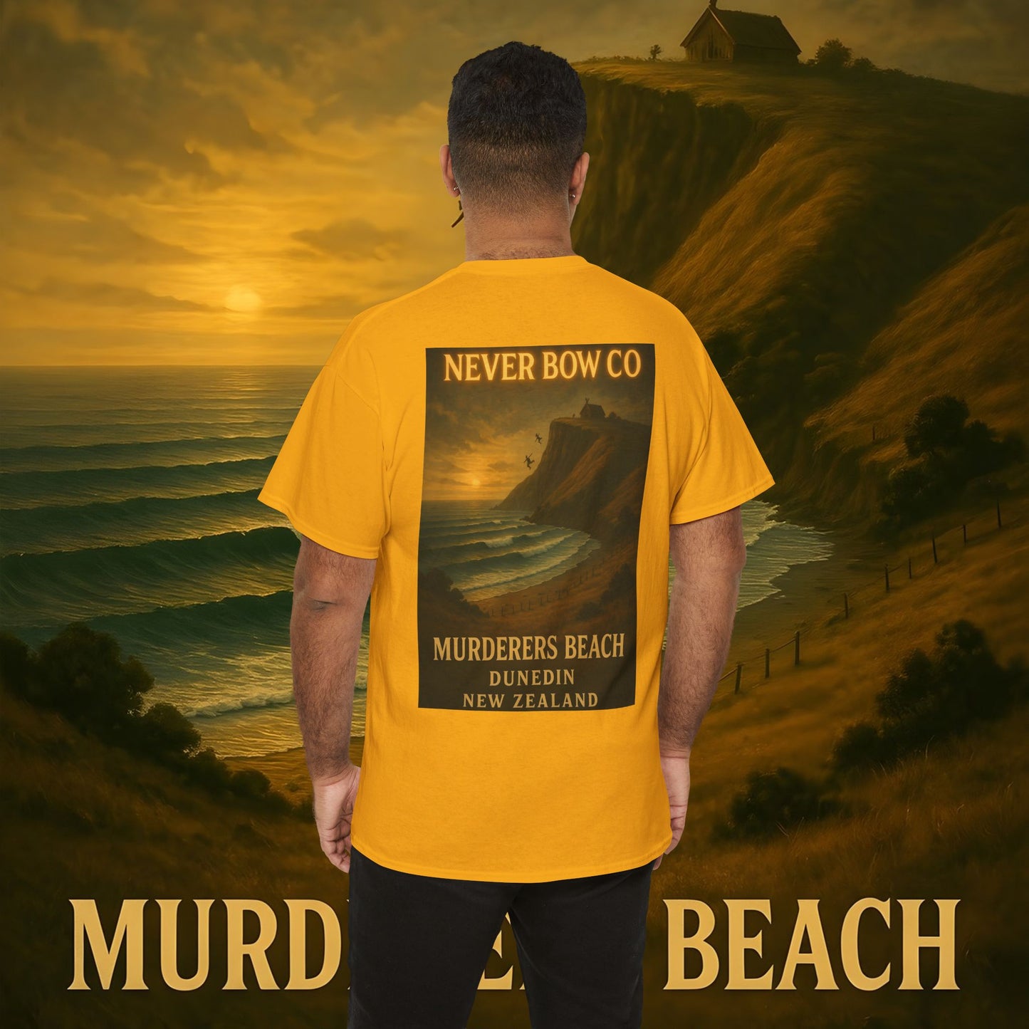 (Heavy Tee) Never Bow Co. “Murderers Beach” | Tribute to New Zealand’s Murderers Beach — a place of history, spirit, and defiance. Heavy cotton tee built for rebels, truth seekers, and ocean warriors. Wear the legend. Never Bow.
