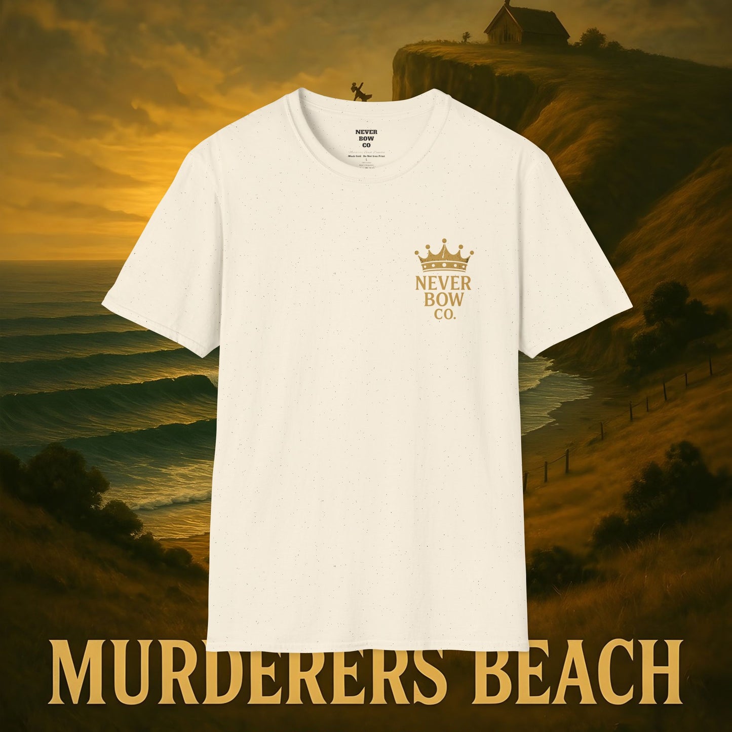 Never Bow Co. “Murderers Beach” Graphic Tee | Lightweight cotton tee honouring Murderers Beach — a symbol of defiance and spirit. Built for rebels and seekers of truth, it carries NZ legend in every thread.