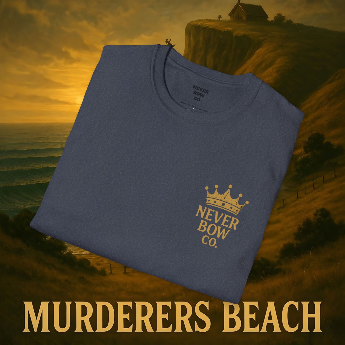 Never Bow Co. “Murderers Beach” Graphic Tee | Lightweight cotton tee honouring Murderers Beach — a symbol of defiance and spirit. Built for rebels and seekers of truth, it carries NZ legend in every thread.