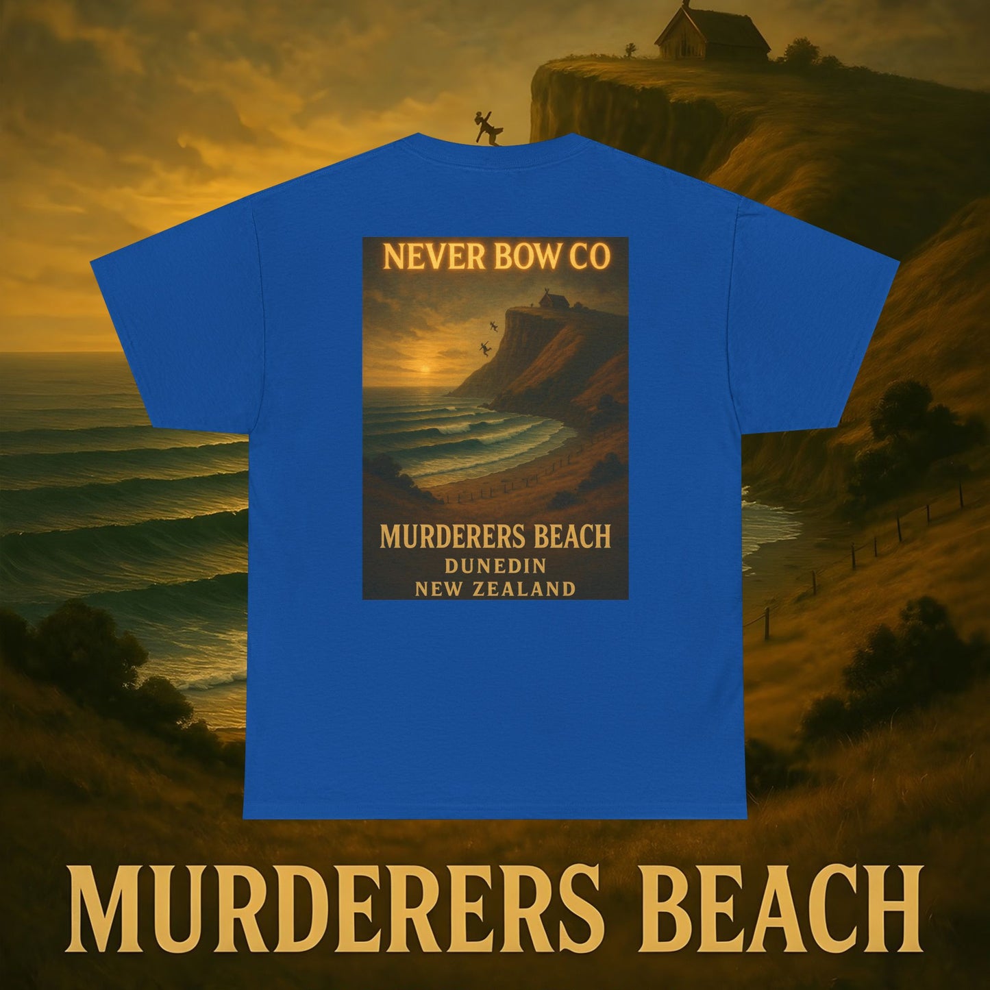 (Heavy Tee) Never Bow Co. “Murderers Beach” | Tribute to New Zealand’s Murderers Beach — a place of history, spirit, and defiance. Heavy cotton tee built for rebels, truth seekers, and ocean warriors. Wear the legend. Never Bow.