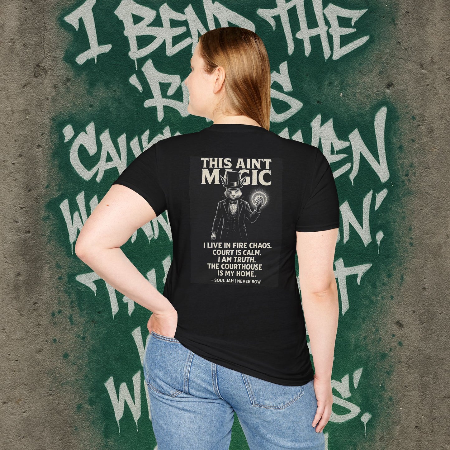 This Ain’t Magic Tee | Never Bow Co | Stand fearless in chaos. “This Ain’t Magic” is more than fabric — it’s truth in motion. Heavy cotton built for courtroom warriors, rebels, and believers who carry calm inside fire.