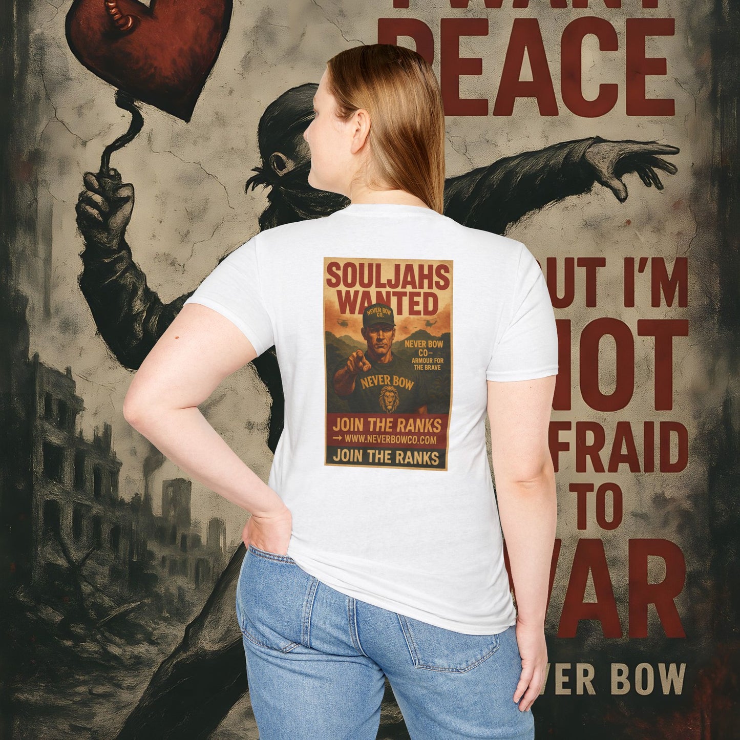 Never Bow Co. “SoulJahs Wanted” Tee | SoulJahs, Divine Souls — this is your calling. Armour for rebels who refuse chains. Vintage war-poster design, lion crest strength, built to outlast empires. Join the ranks. Never Bow.