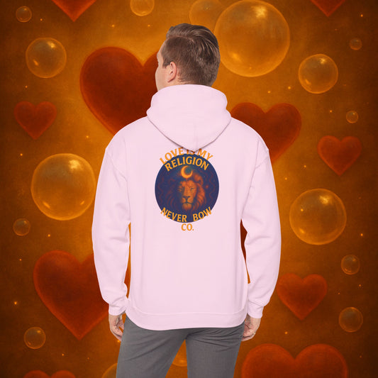 Never Bow Co. “Love Is My Religion” Lion Hoodie | A pullover for fearless souls. The crowned lion blazes with defiance: Love Is My Religion. Heavyweight comfort, cosmic strength, and unshakable streetwear for rebels who refuse to bow.