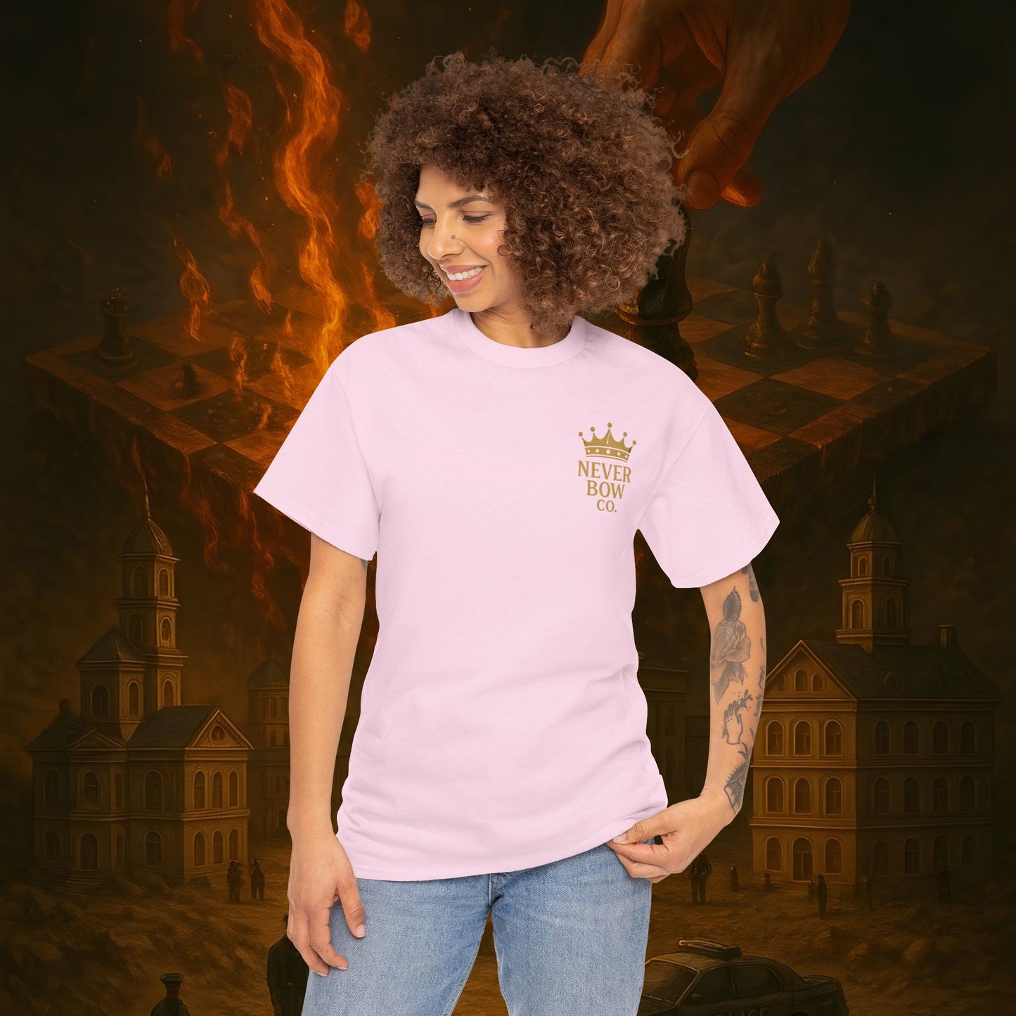 (Heavy Tee) Never Bow Co. Chess Series Tee – “The Game Is Over” | Statement tee featuring the iconic chessboard design — a symbol of battles fought and finished. Built for warriors who refuse to bow, it declares checkmate to the system with style.