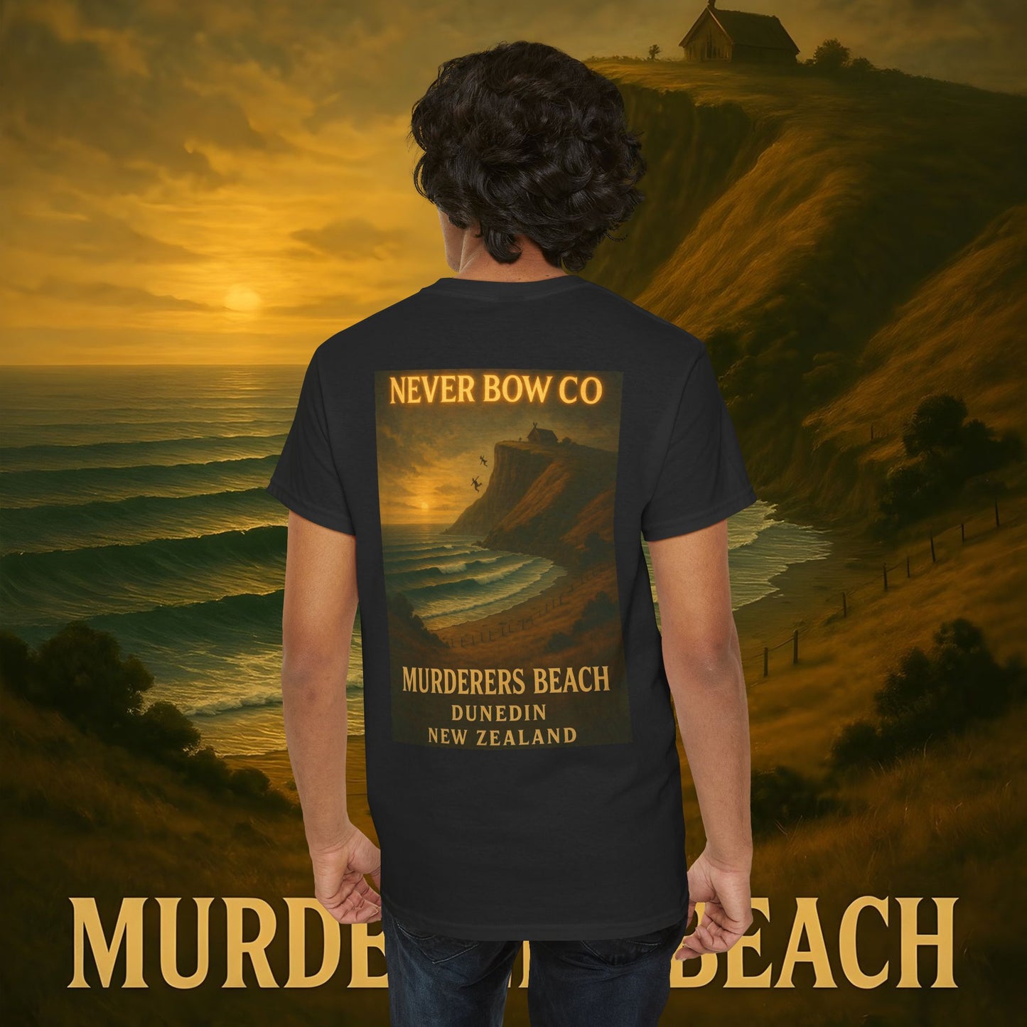 (Heavy Tee) Never Bow Co. “Murderers Beach” | Tribute to New Zealand’s Murderers Beach — a place of history, spirit, and defiance. Heavy cotton tee built for rebels, truth seekers, and ocean warriors. Wear the legend. Never Bow.