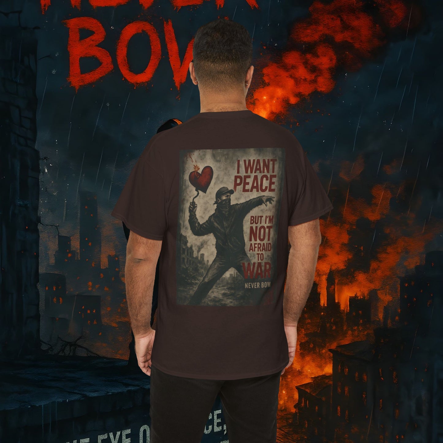 (Heavy Tee) Never Bow Co “I Want Peace, But I’m Not Afraid of War” Peace is the goal, but strength is the stance. This heavy cotton tee makes it clear: you won’t bow, fold, or run. Peaceful, fearless, and unbreakable.