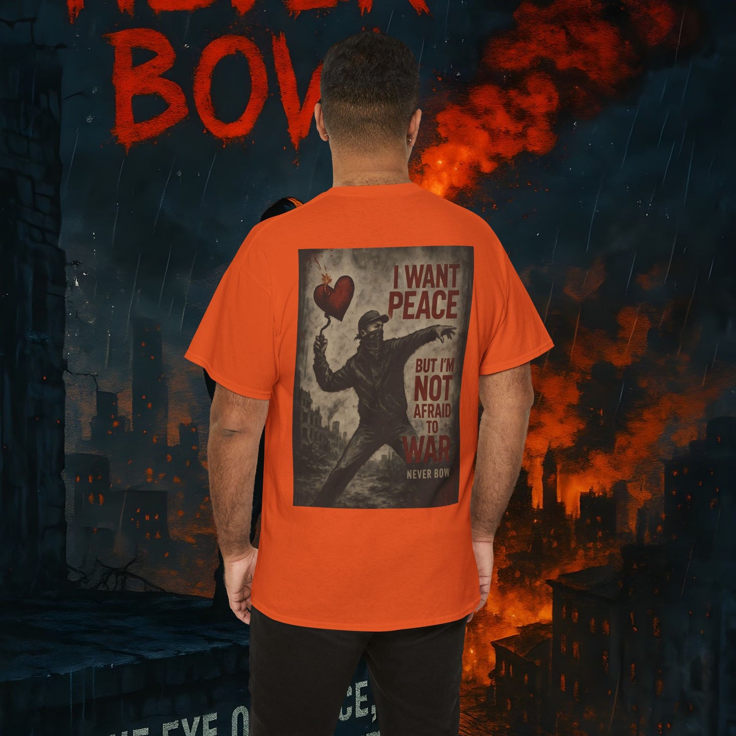 (Heavy Tee) Never Bow Co “I Want Peace, But I’m Not Afraid of War” Peace is the goal, but strength is the stance. This heavy cotton tee makes it clear: you won’t bow, fold, or run. Peaceful, fearless, and unbreakable.