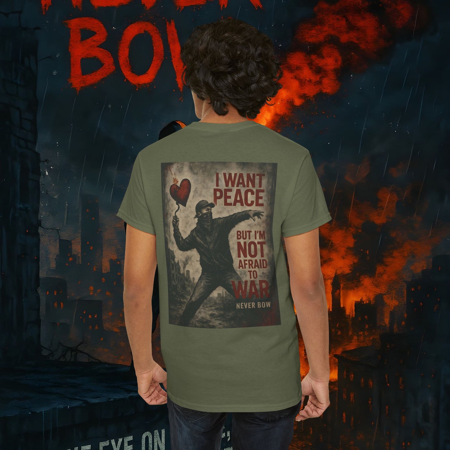 (Heavy Tee) Never Bow Co “I Want Peace, But I’m Not Afraid of War” Peace is the goal, but strength is the stance. This heavy cotton tee makes it clear: you won’t bow, fold, or run. Peaceful, fearless, and unbreakable.