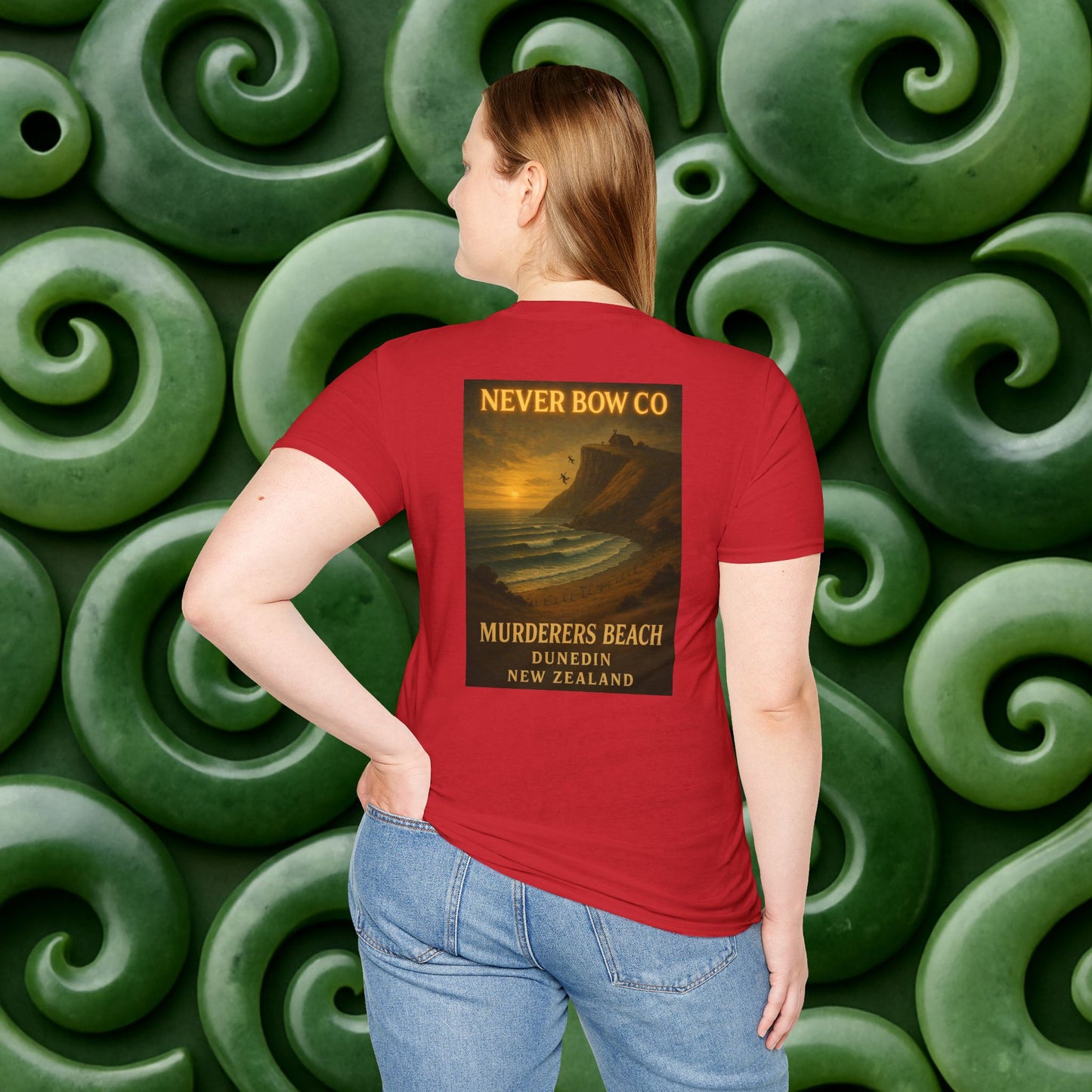 Never Bow Co. “Murderers Beach” Graphic Tee | Lightweight cotton tee honouring Murderers Beach — a symbol of defiance and spirit. Built for rebels and seekers of truth, it carries NZ legend in every thread.