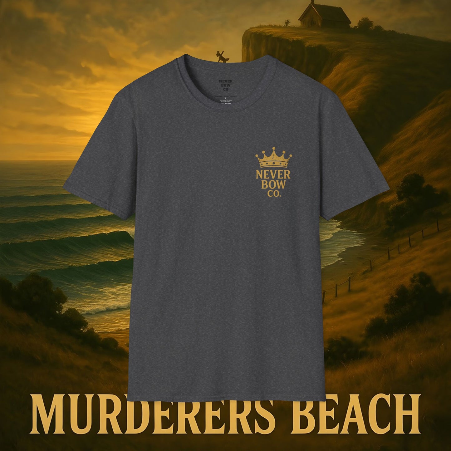 Never Bow Co. “Murderers Beach” Graphic Tee | Lightweight cotton tee honouring Murderers Beach — a symbol of defiance and spirit. Built for rebels and seekers of truth, it carries NZ legend in every thread.