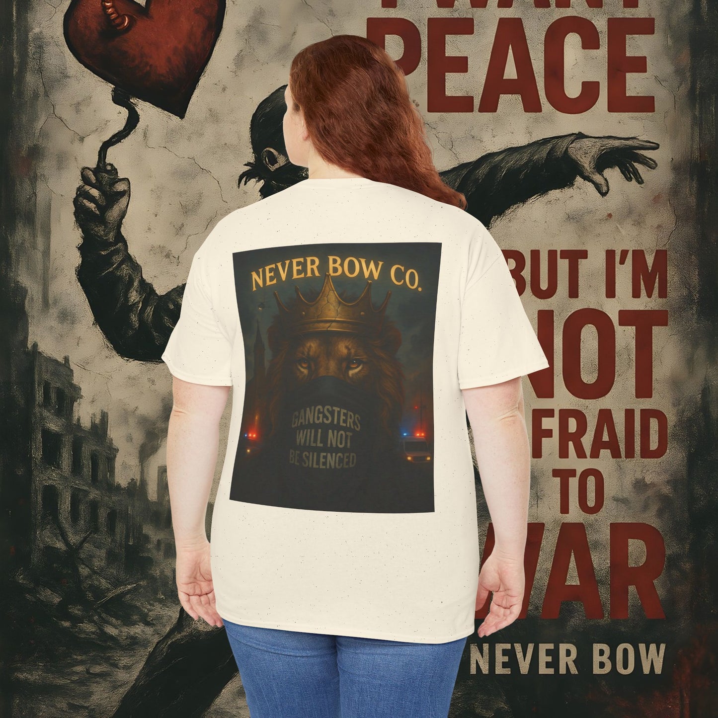 (Heavy Tee) Never Bow Co “Justice Will Be Heard” | Justice has a voice, and it roars from your back. Heavy cotton, bold print — a rebel’s declaration that truth echoes louder than lies. Wear it. Make them listen.