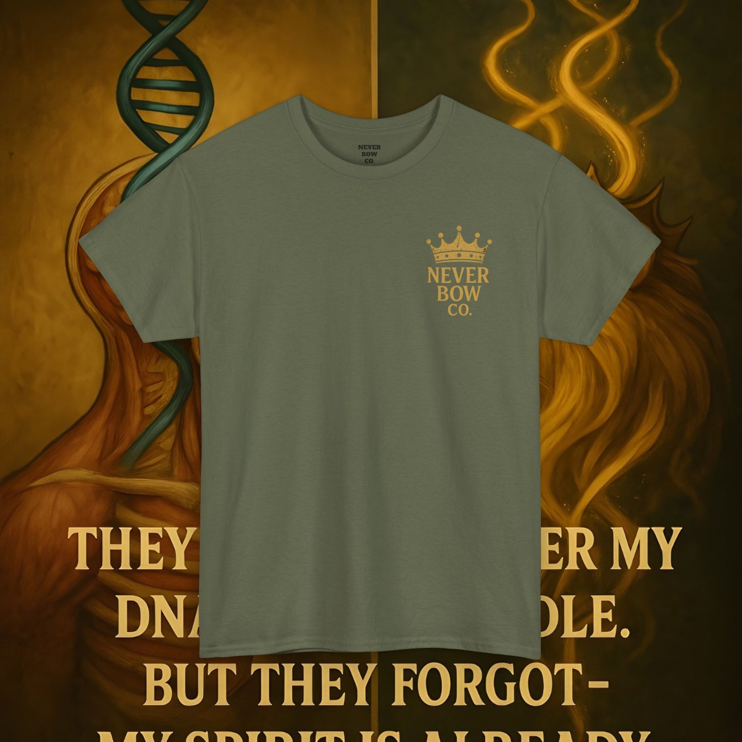 (Heavy Tee) Never Bow Co “Divine Still Lives” Statement Shirt | The Divine Still Lives "Heavy Tee" carries defiance: “Divine still lives in those who don’t submit.” A unisex cut for warriors, rebels, and truth seekers.