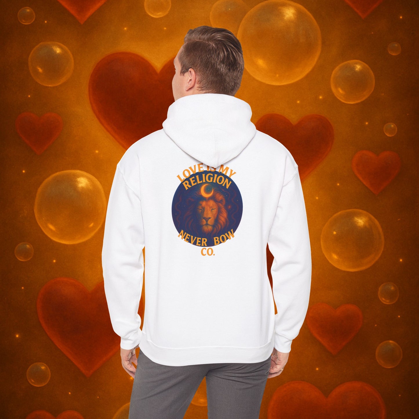 Never Bow Co. “Love Is My Religion” Lion Hoodie | A pullover for fearless souls. The crowned lion blazes with defiance: Love Is My Religion. Heavyweight comfort, cosmic strength, and unshakable streetwear for rebels who refuse to bow.