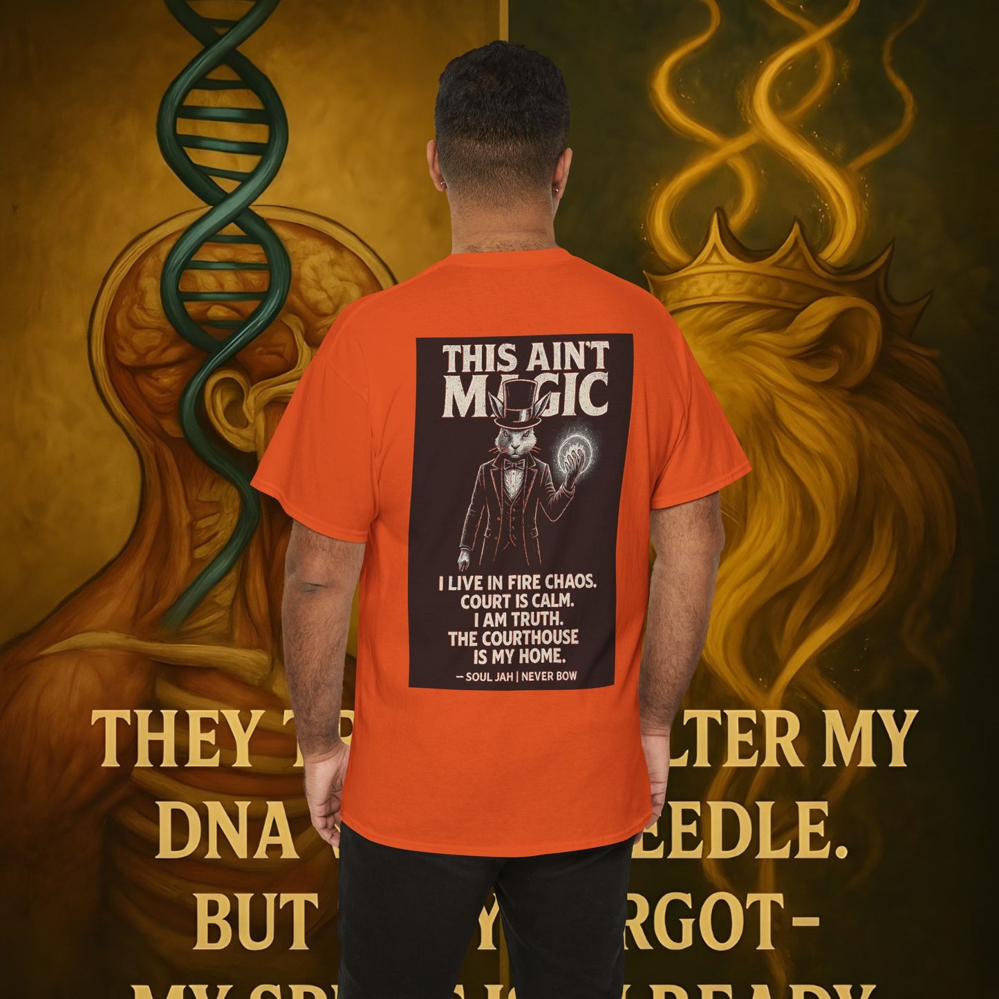(Heavy Tee) This Ain’t Magic Tee | Chaos is loud. Court is calm. “This Ain’t Magic” lays it bare: truth stands taller than illusions. Heavy cotton built for warriors who carry fire inside but never bow.