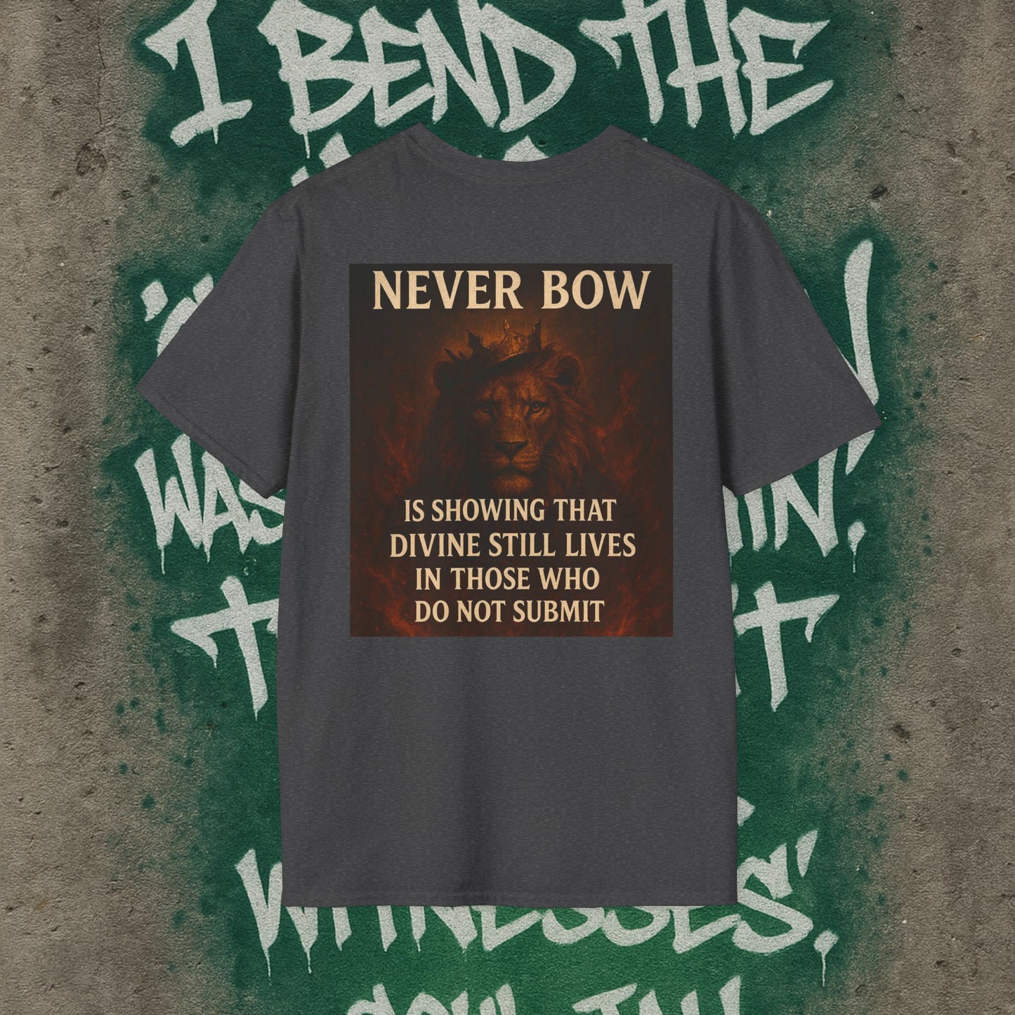 Never Bow Co “Divine Still Lives” | Bold Truth Streetwear. A fearless declaration: “Divine still lives in those who don’t submit.” Heavy cotton, lion-strength style. Built for warriors who resist control and wear their defiance as truth on the streets.