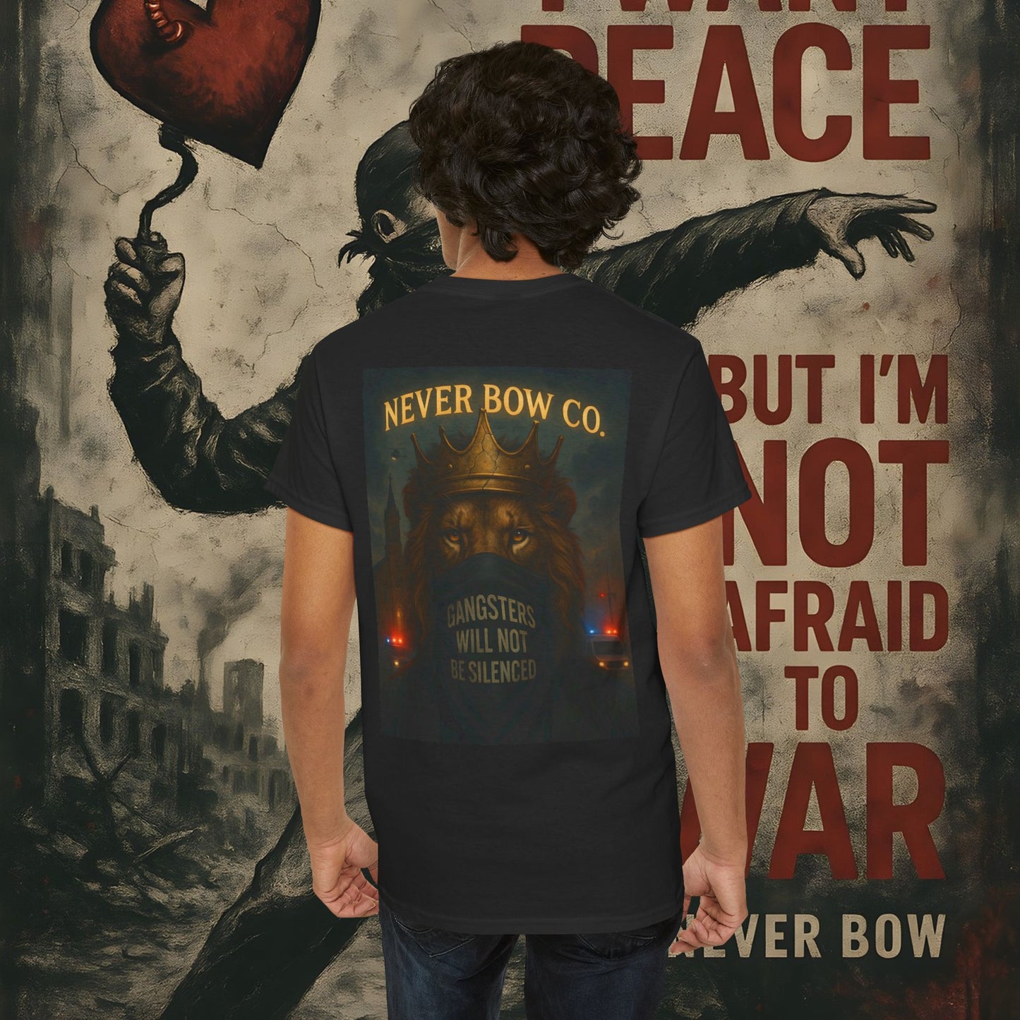 (Heavy Tee) Never Bow Co “Justice Will Be Heard” | Justice has a voice, and it roars from your back. Heavy cotton, bold print — a rebel’s declaration that truth echoes louder than lies. Wear it. Make them listen.