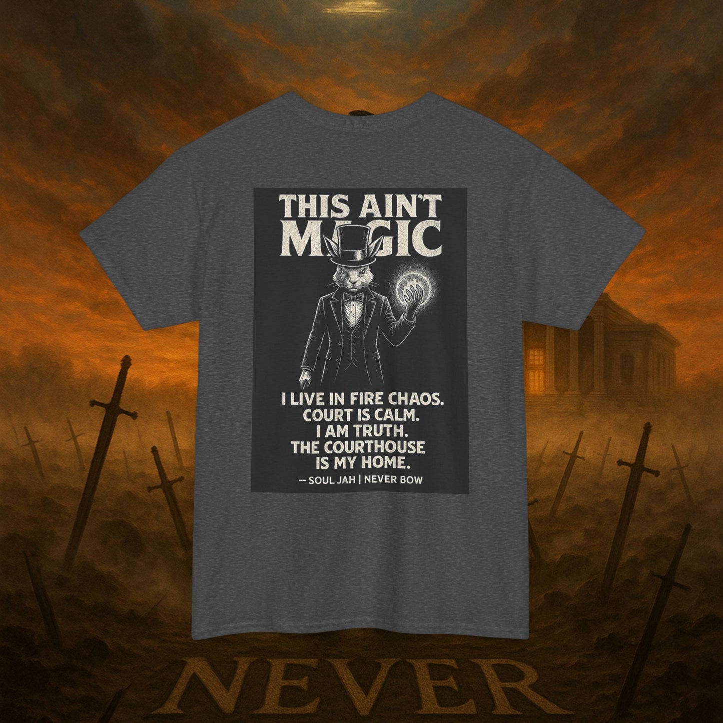 (Heavy Tee) This Ain’t Magic Tee | Chaos is loud. Court is calm. “This Ain’t Magic” lays it bare: truth stands taller than illusions. Heavy cotton built for warriors who carry fire inside but never bow.