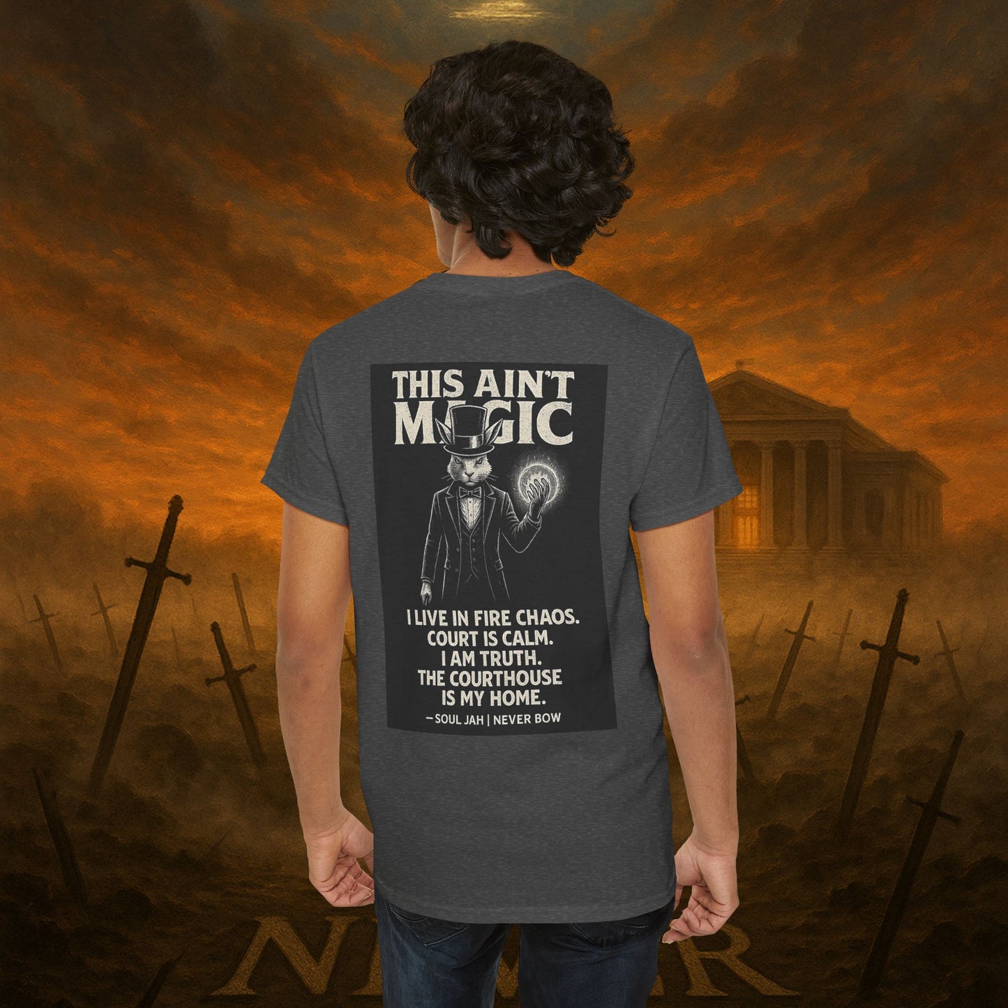 (Heavy Tee) This Ain’t Magic Tee | Chaos is loud. Court is calm. “This Ain’t Magic” lays it bare: truth stands taller than illusions. Heavy cotton built for warriors who carry fire inside but never bow.