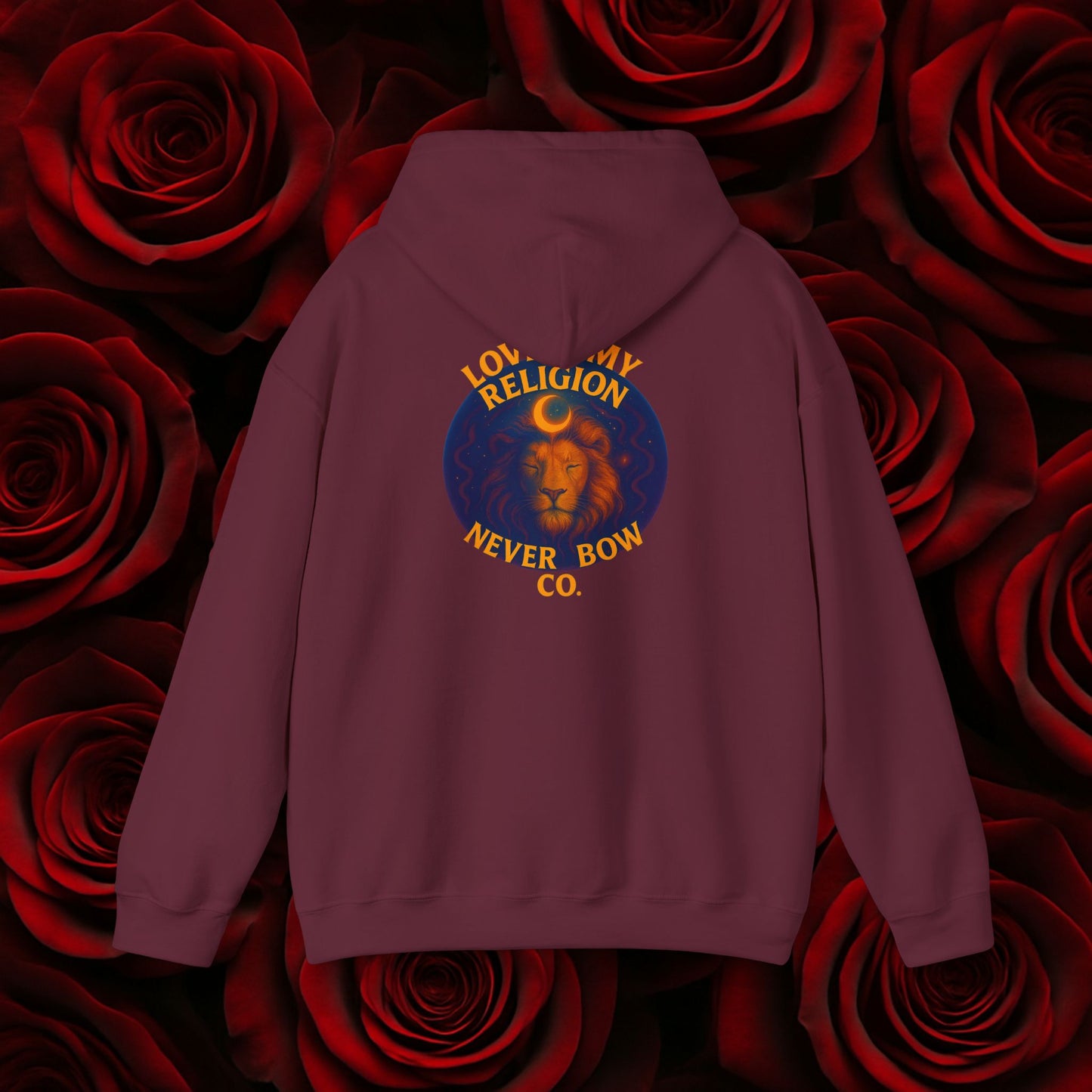 Never Bow Co. “Love Is My Religion” Lion Hoodie | A pullover for fearless souls. The crowned lion blazes with defiance: Love Is My Religion. Heavyweight comfort, cosmic strength, and unshakable streetwear for rebels who refuse to bow.