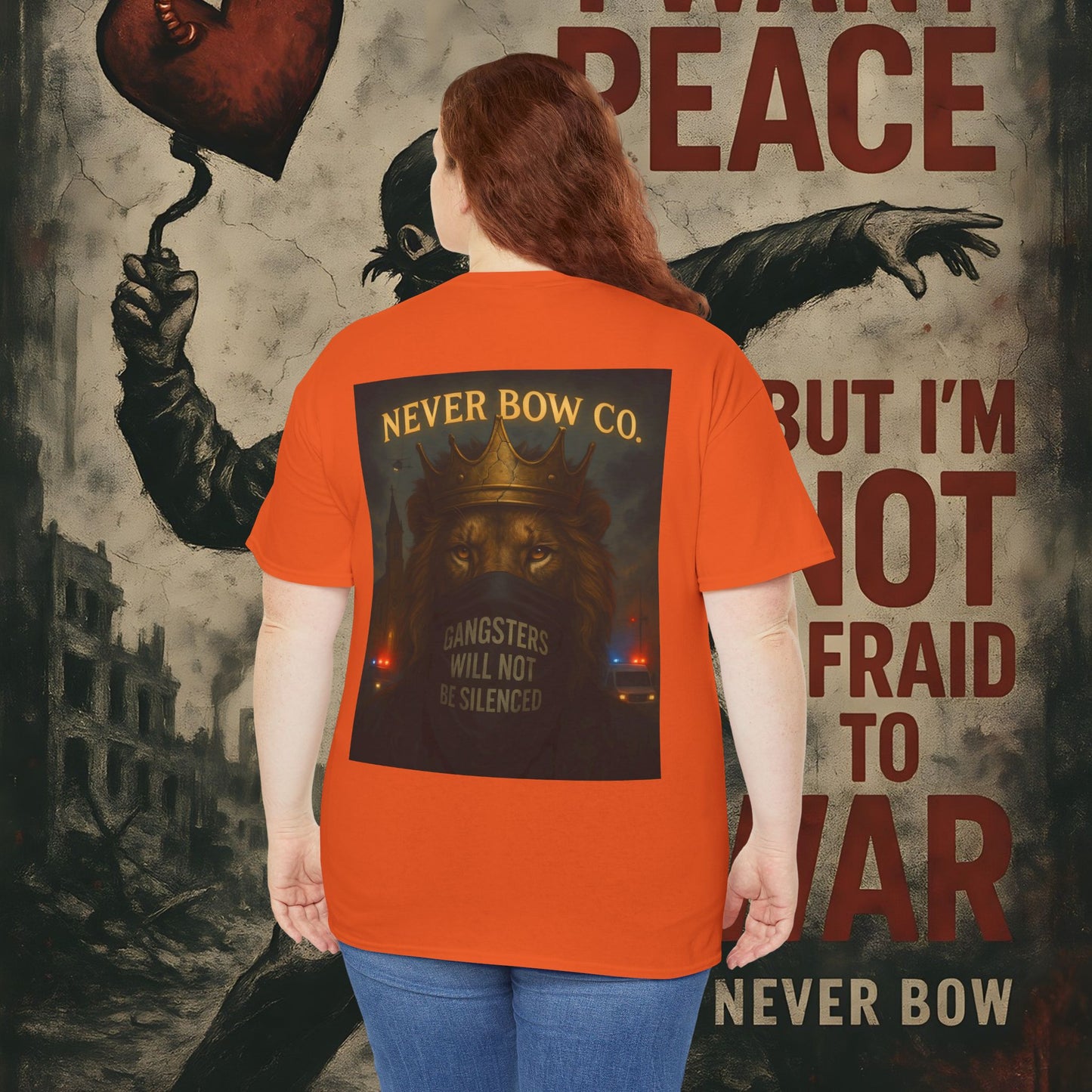 (Heavy Tee) Never Bow Co “Justice Will Be Heard” | Justice has a voice, and it roars from your back. Heavy cotton, bold print — a rebel’s declaration that truth echoes louder than lies. Wear it. Make them listen.