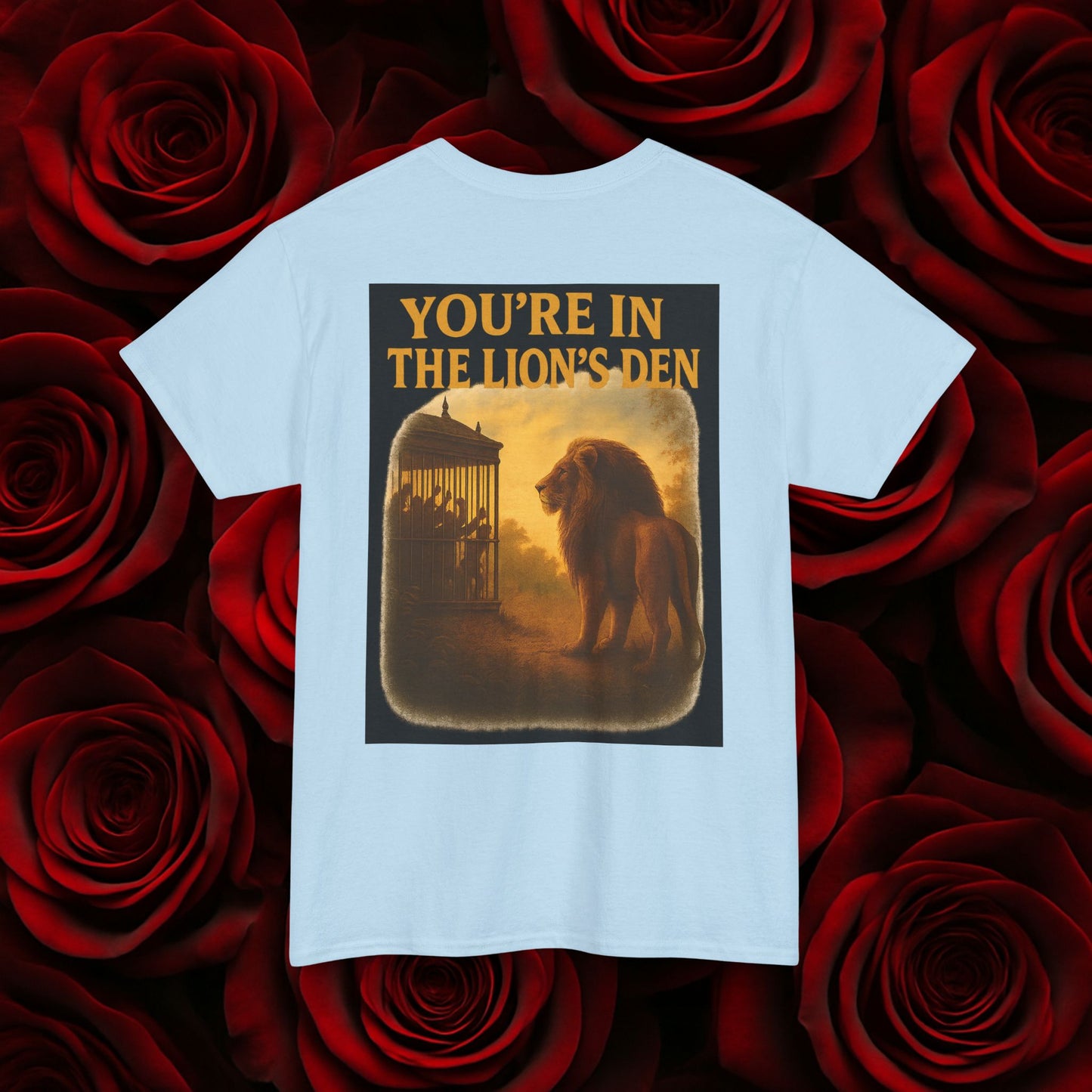 (Heavy Tee) Never Bow Co “You’re in the Lion’s Den” Graphic Streetwear Tee | Step into the Lion’s Den. Fearless statement piece built for warriors who refuse silence. Heavy cotton, bold graphic, courtroom grit. Wear strength, fight truth, and Never Bow.