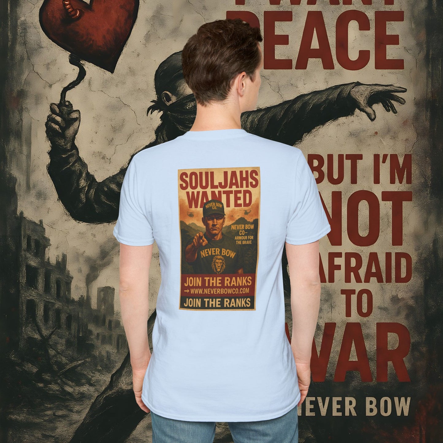 Never Bow Co. “SoulJahs Wanted” Tee | SoulJahs, Divine Souls — this is your calling. Armour for rebels who refuse chains. Vintage war-poster design, lion crest strength, built to outlast empires. Join the ranks. Never Bow.
