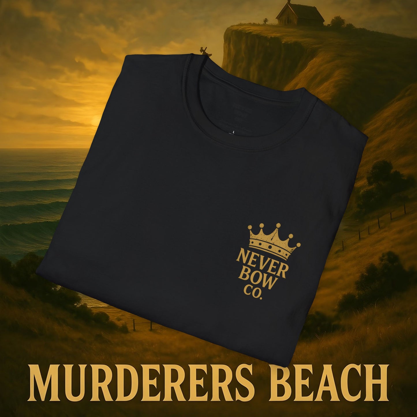 Never Bow Co. “Murderers Beach” Graphic Tee | Lightweight cotton tee honouring Murderers Beach — a symbol of defiance and spirit. Built for rebels and seekers of truth, it carries NZ legend in every thread.