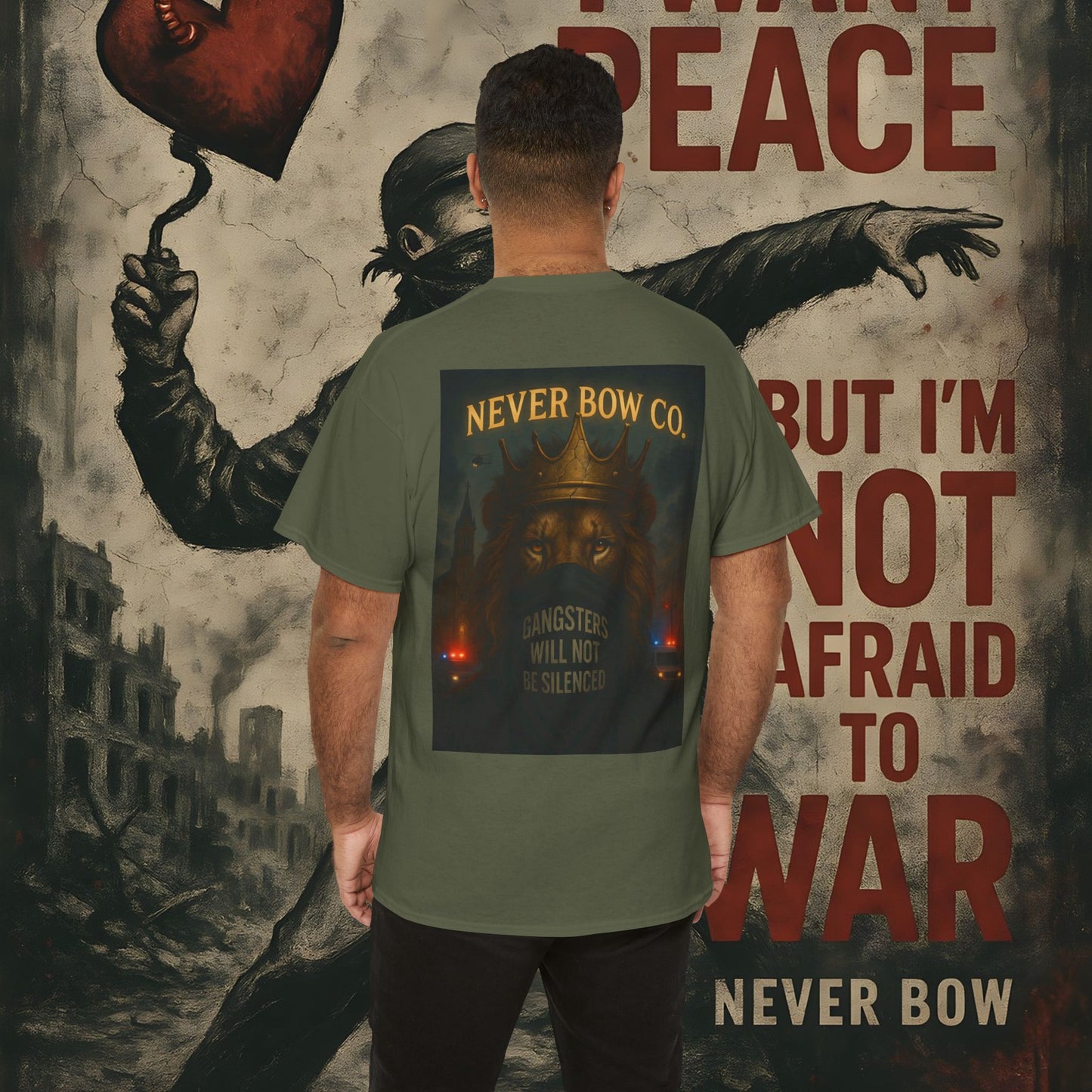 (Heavy Tee) Never Bow Co “Justice Will Be Heard” | Justice has a voice, and it roars from your back. Heavy cotton, bold print — a rebel’s declaration that truth echoes louder than lies. Wear it. Make them listen.