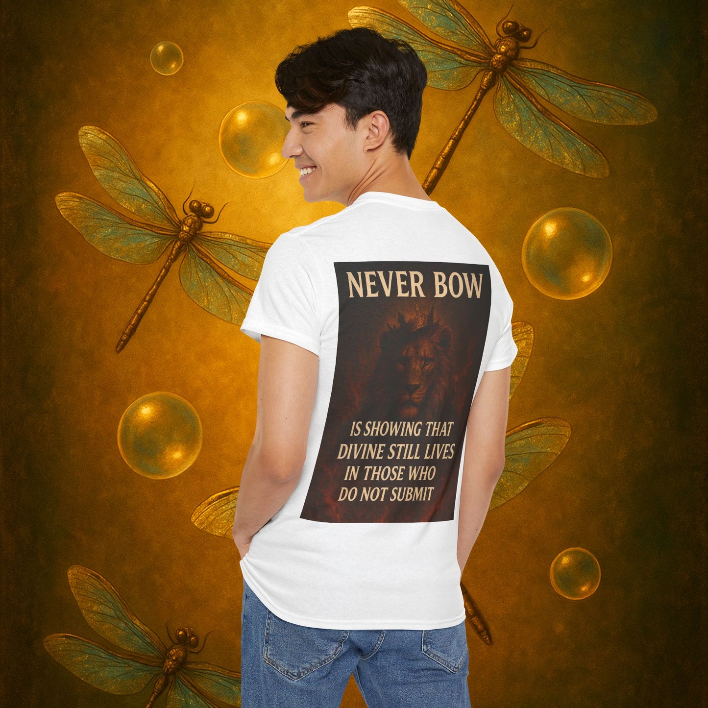 (Heavy Tee) Never Bow Co “Divine Still Lives” Statement Shirt | The Divine Still Lives "Heavy Tee" carries defiance: “Divine still lives in those who don’t submit.” A unisex cut for warriors, rebels, and truth seekers.