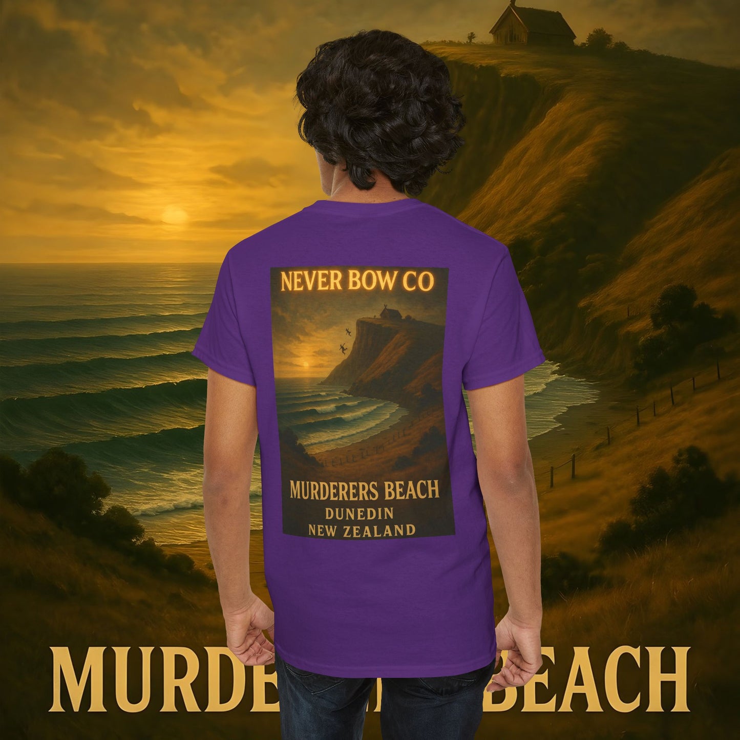 (Heavy Tee) Never Bow Co. “Murderers Beach” | Tribute to New Zealand’s Murderers Beach — a place of history, spirit, and defiance. Heavy cotton tee built for rebels, truth seekers, and ocean warriors. Wear the legend. Never Bow.