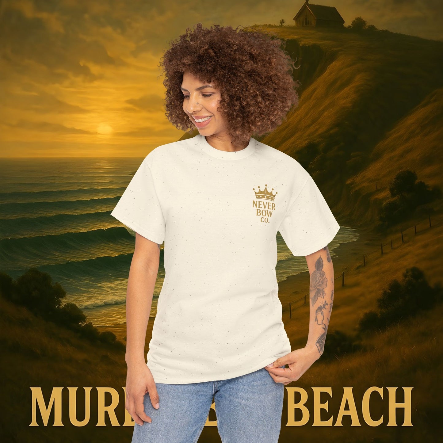 (Heavy Tee) Never Bow Co. “Murderers Beach” | Tribute to New Zealand’s Murderers Beach — a place of history, spirit, and defiance. Heavy cotton tee built for rebels, truth seekers, and ocean warriors. Wear the legend. Never Bow.