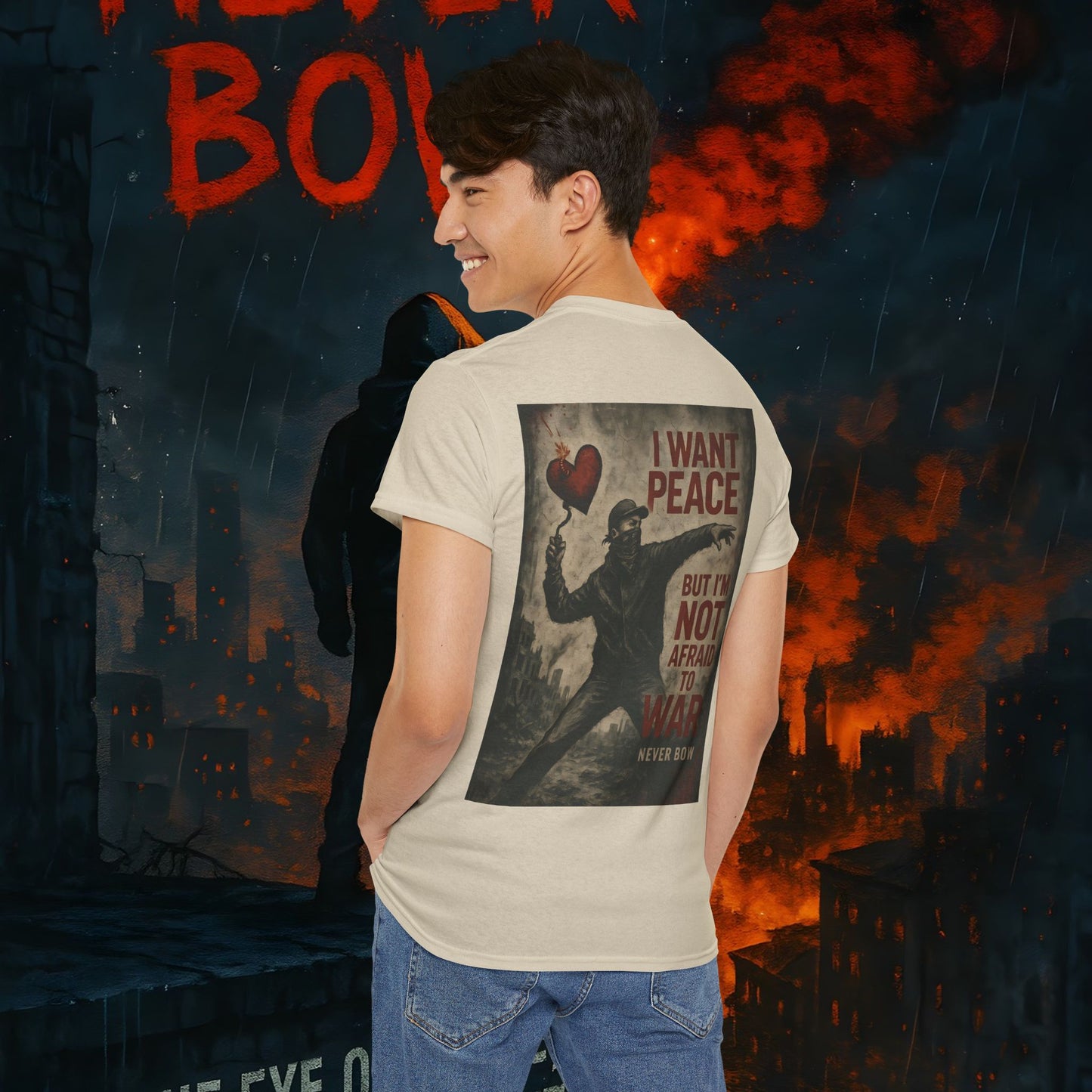 (Heavy Tee) Never Bow Co “I Want Peace, But I’m Not Afraid of War” Peace is the goal, but strength is the stance. This heavy cotton tee makes it clear: you won’t bow, fold, or run. Peaceful, fearless, and unbreakable.