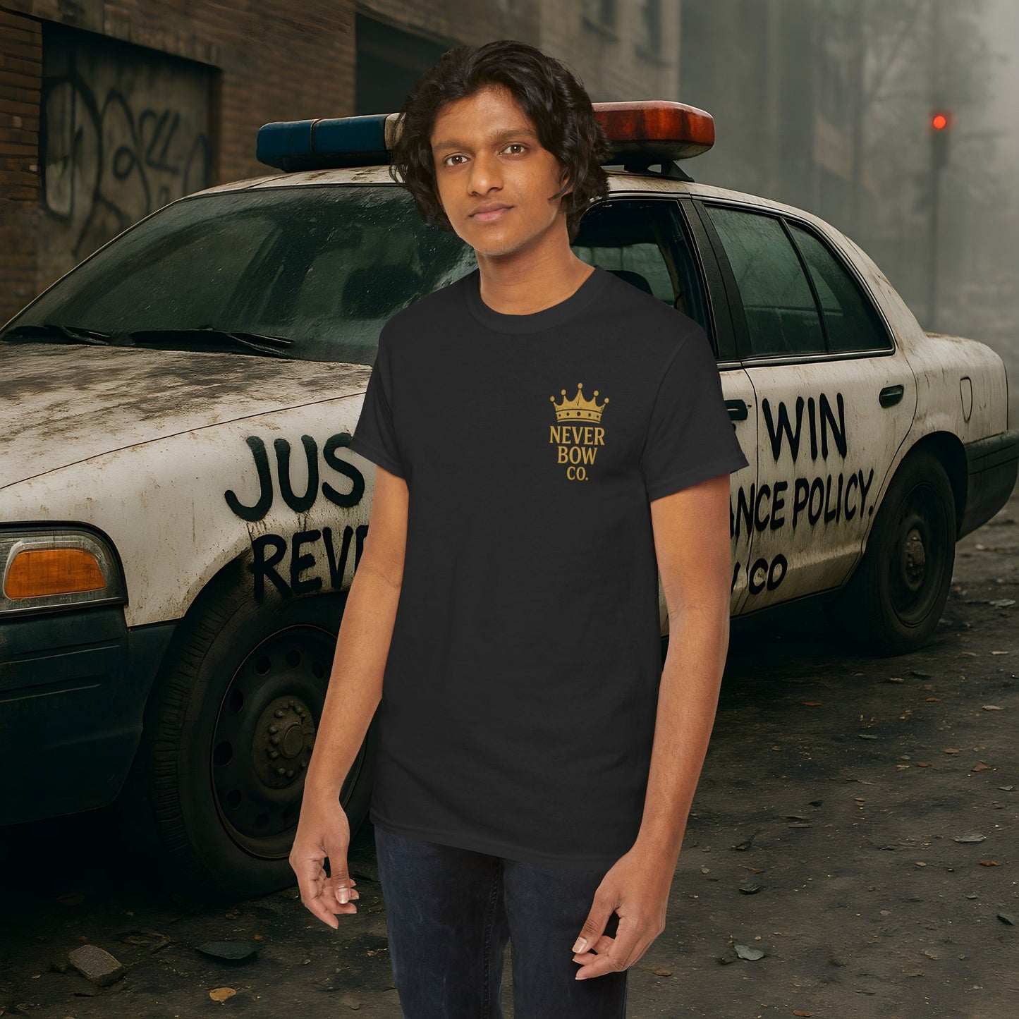 (Heavy Tee) Never Bow Co “Justice Will Be Heard” | Justice has a voice, and it roars from your back. Heavy cotton, bold print — a rebel’s declaration that truth echoes louder than lies. Wear it. Make them listen.