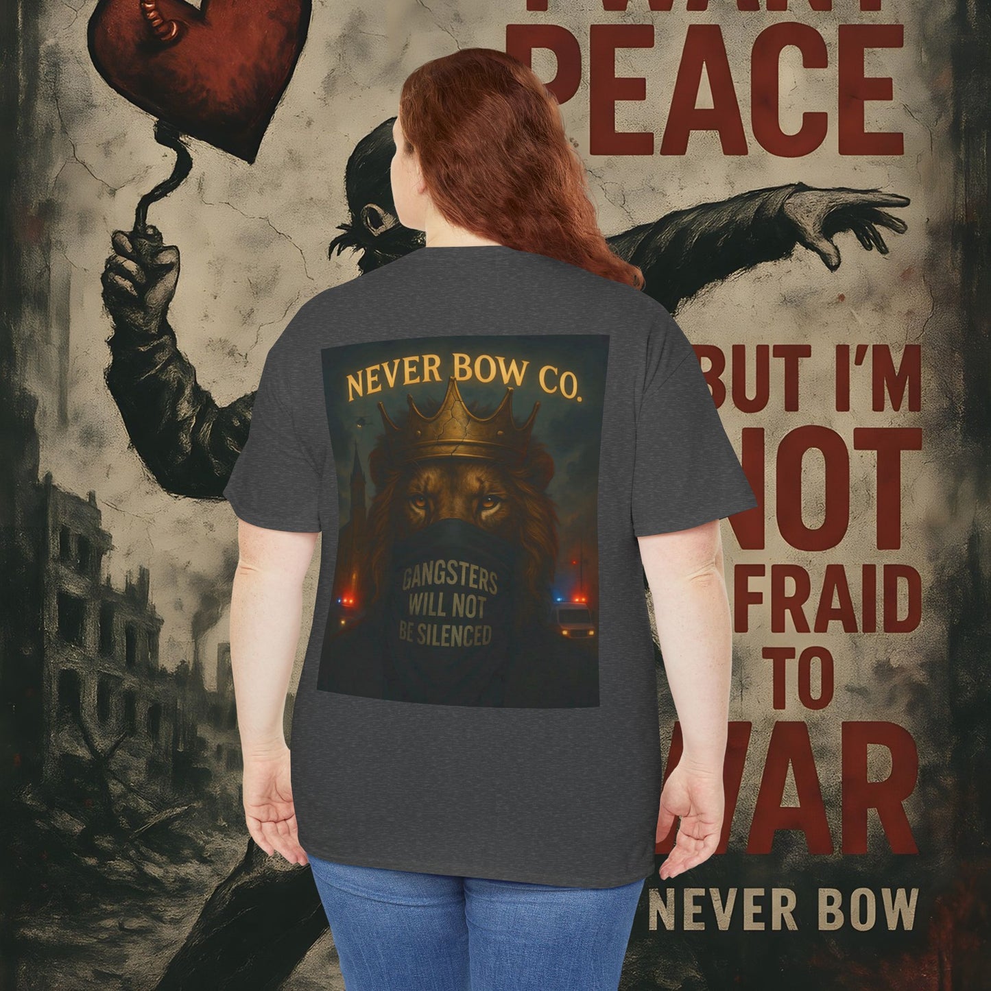 (Heavy Tee) Never Bow Co “Justice Will Be Heard” | Justice has a voice, and it roars from your back. Heavy cotton, bold print — a rebel’s declaration that truth echoes louder than lies. Wear it. Make them listen.