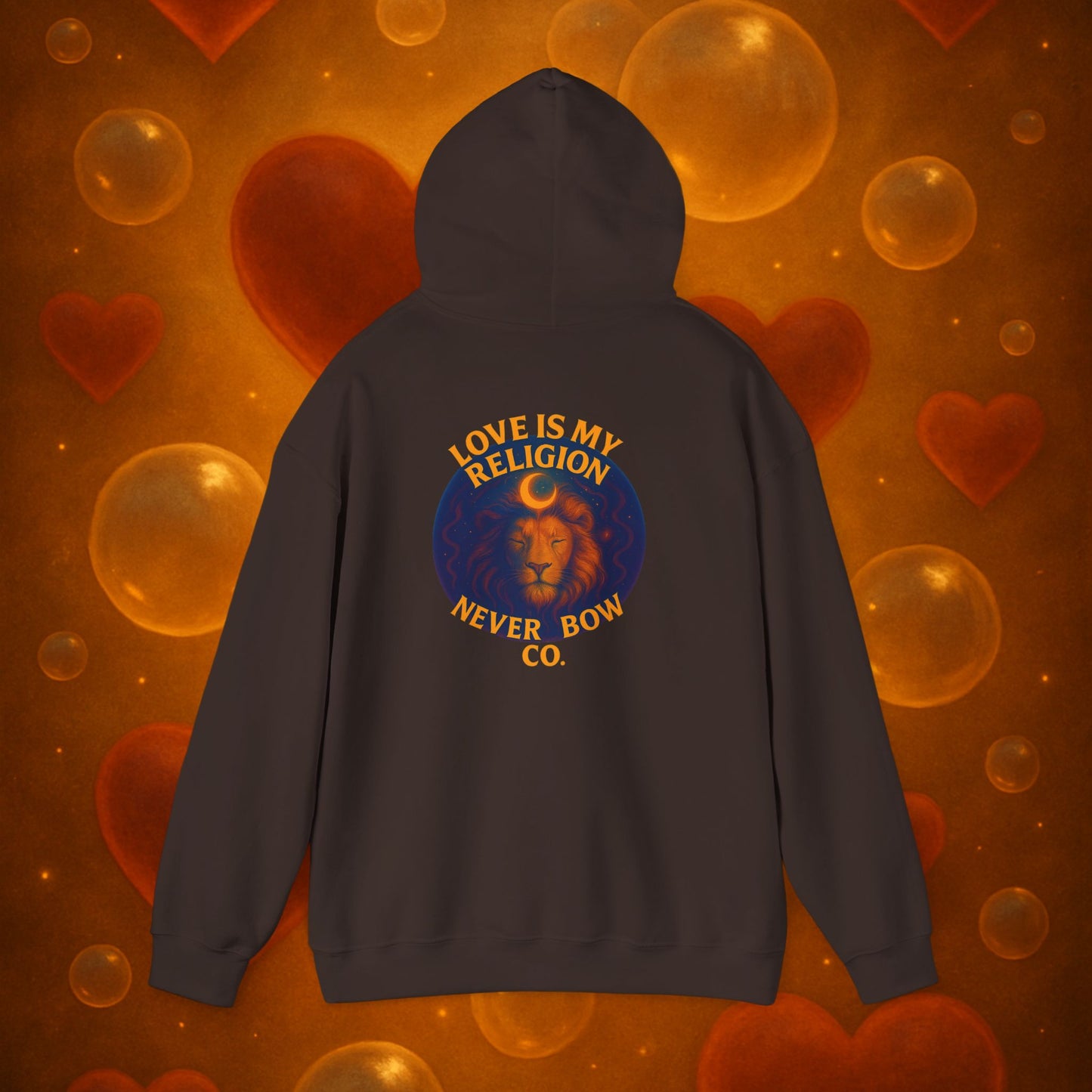 Never Bow Co. “Love Is My Religion” Lion Hoodie | A pullover for fearless souls. The crowned lion blazes with defiance: Love Is My Religion. Heavyweight comfort, cosmic strength, and unshakable streetwear for rebels who refuse to bow.